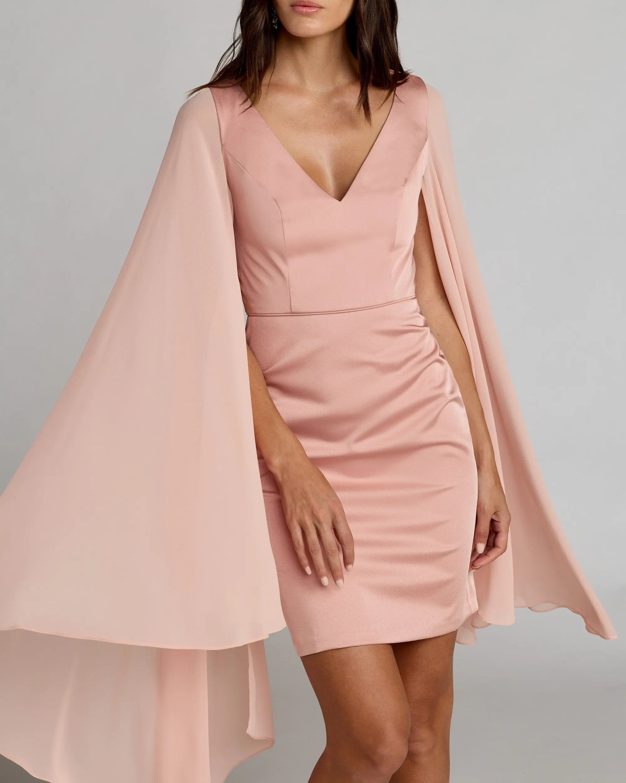 Pink V-Neck Cape Sleeve Mini Dress-Myartka