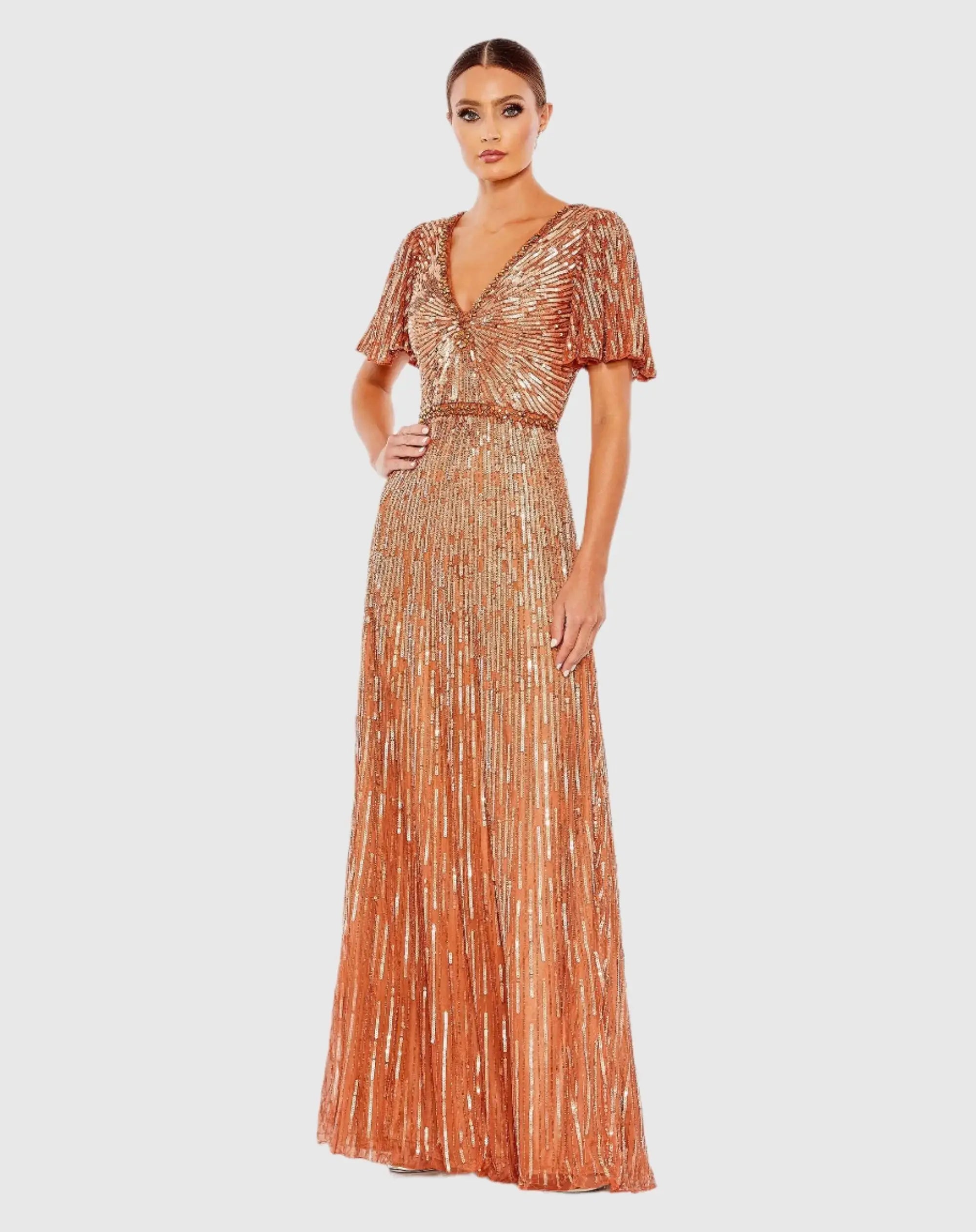 Orange Embellished V Neck Butterfly Sleeve Column Gown-Myartka