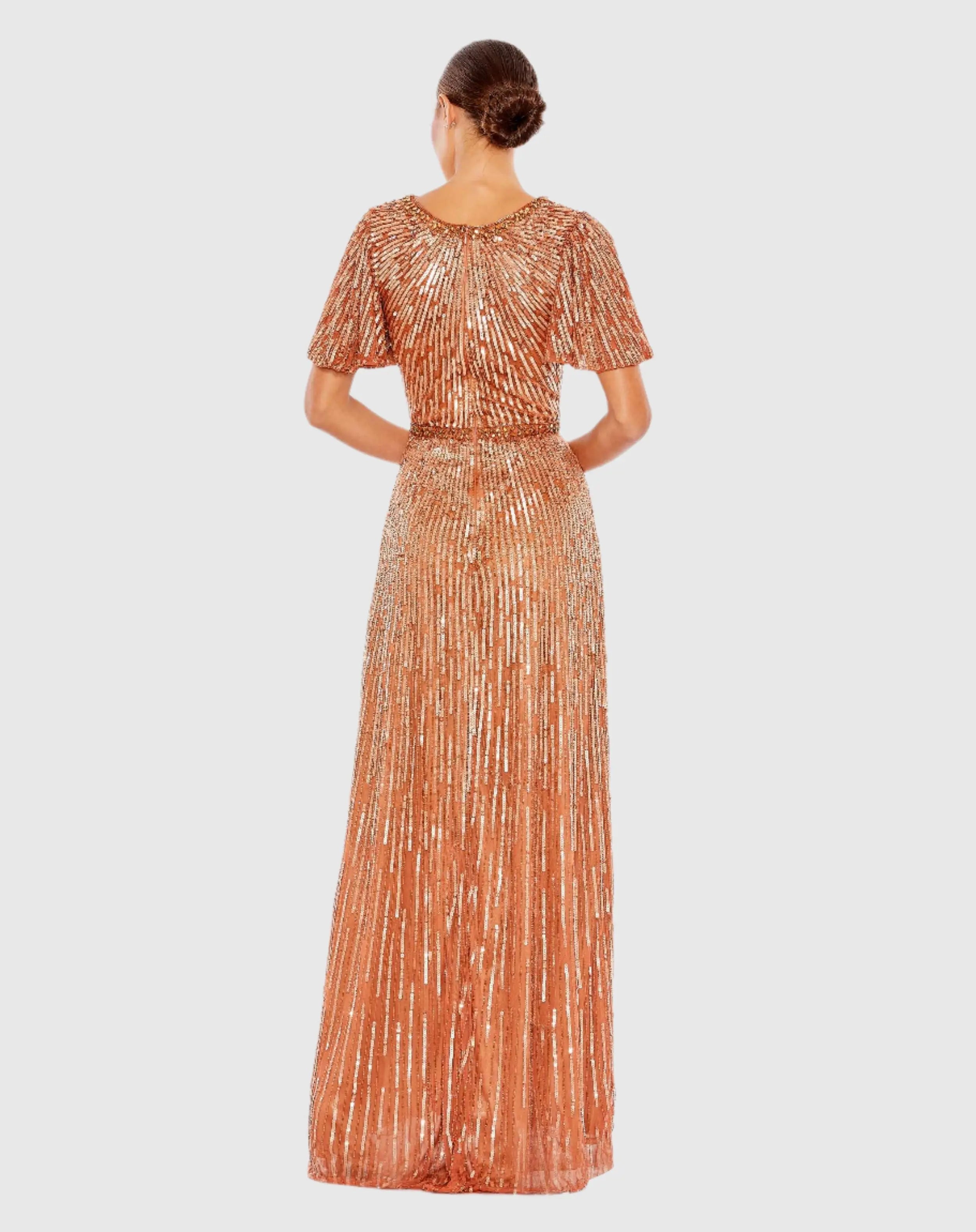 Orange Embellished V Neck Butterfly Sleeve Column Gown-Myartka