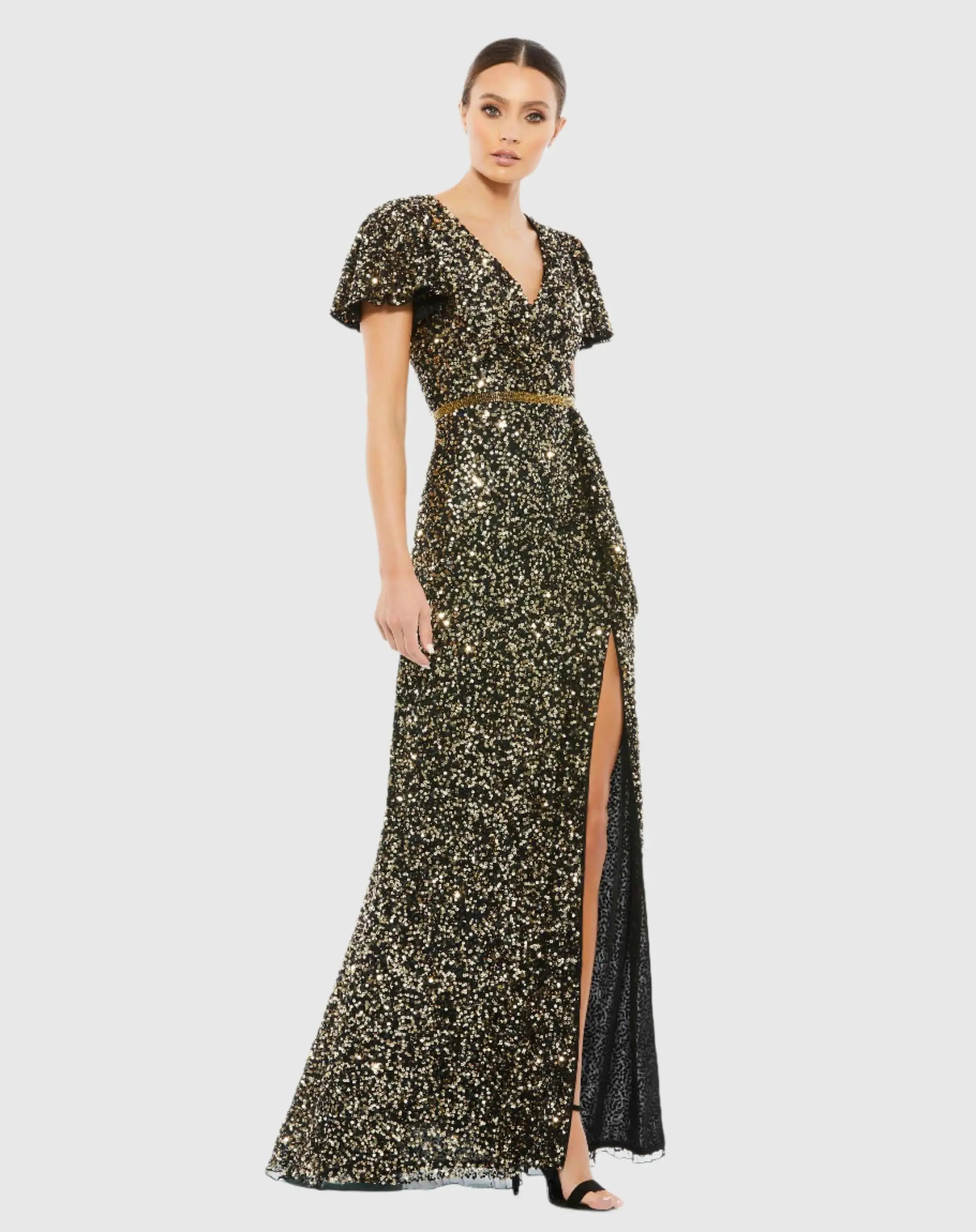 Black and Gold Sequined Wrap Over Butterfly Sleeve Draped Gown-Myartka