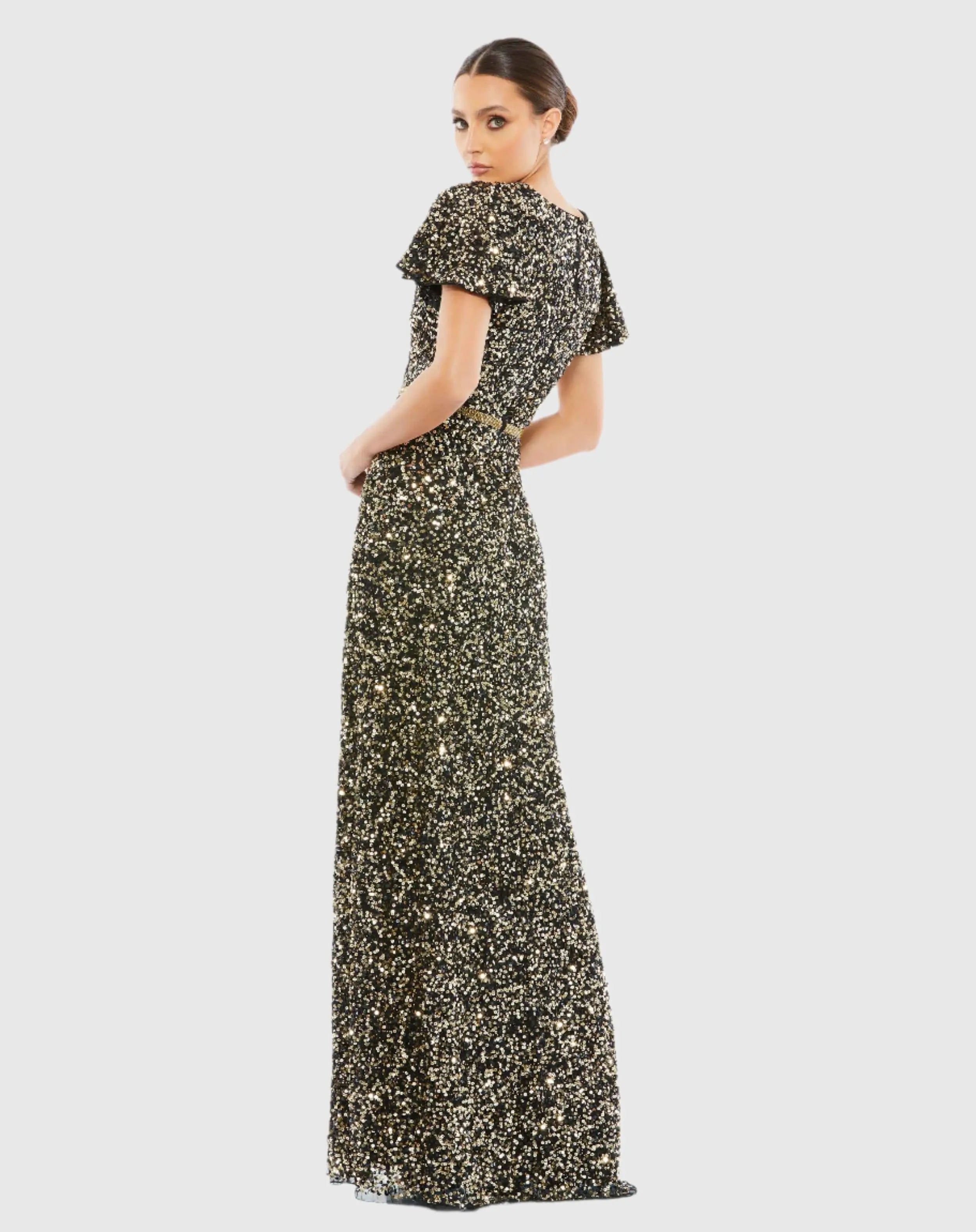 Black and Gold Sequined Wrap Over Butterfly Sleeve Draped Gown-Myartka