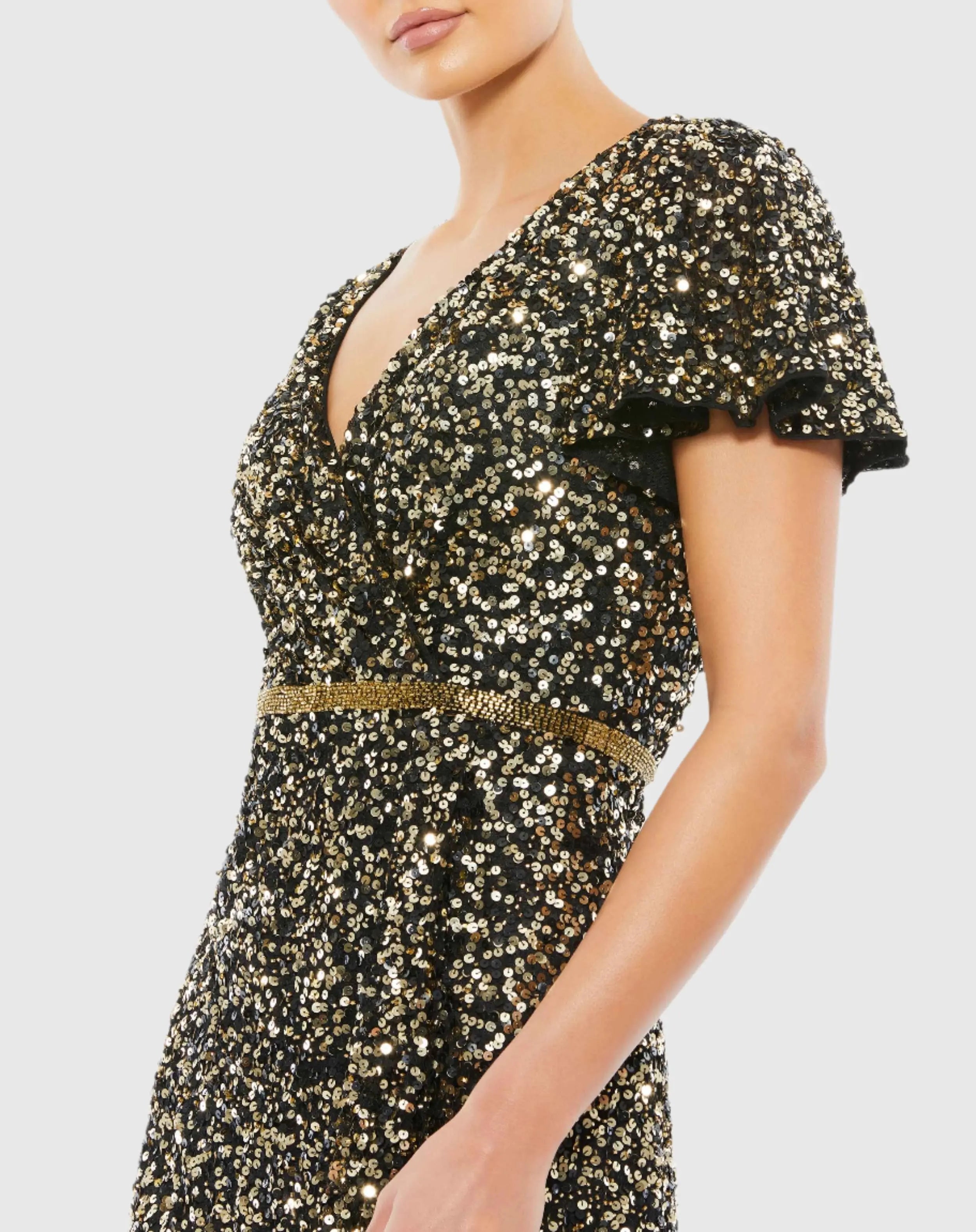 Black and Gold Sequined Wrap Over Butterfly Sleeve Draped Gown-Myartka