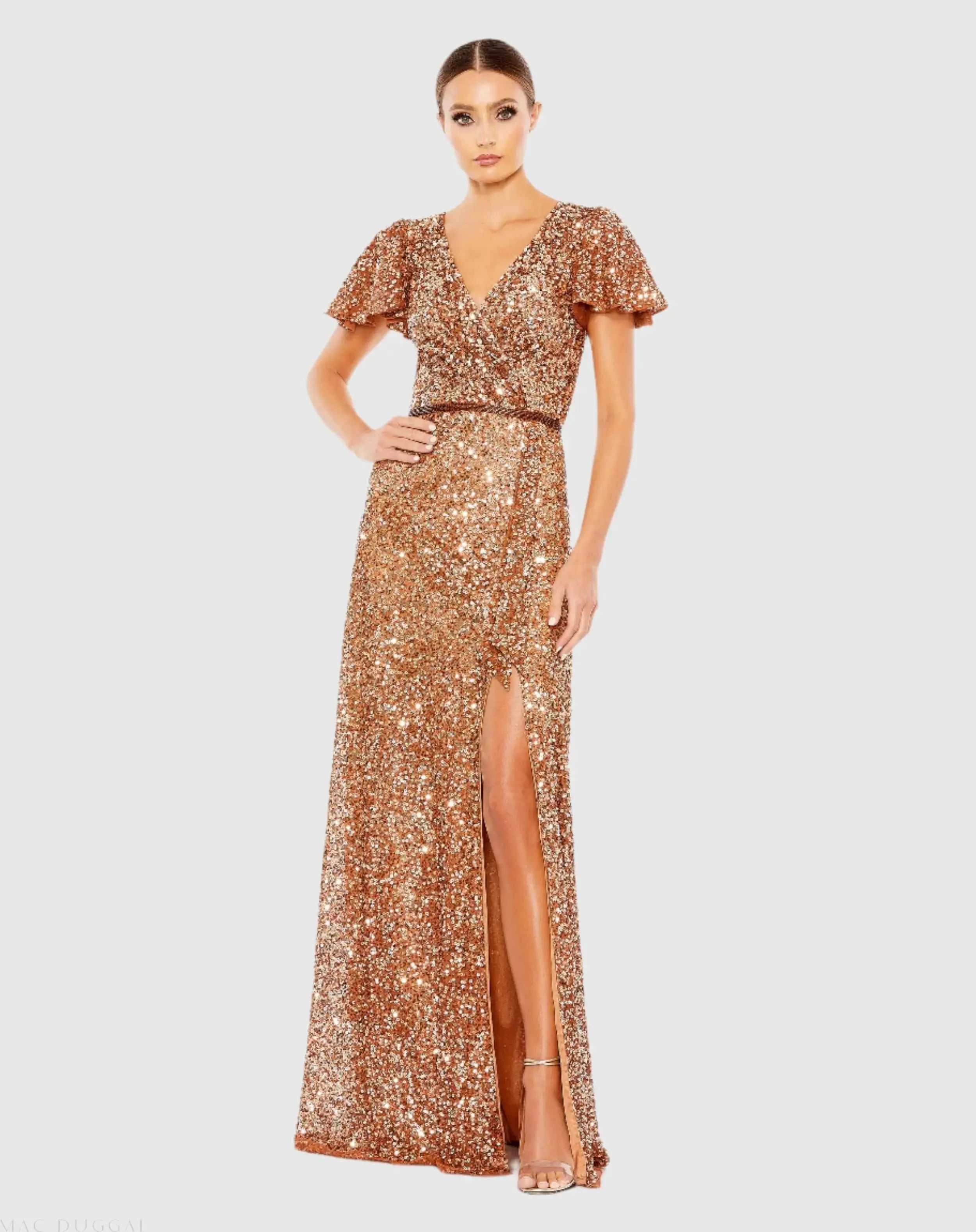 Sequined Wrap Over Butterfly Sleeve Draped Gown-Myartka