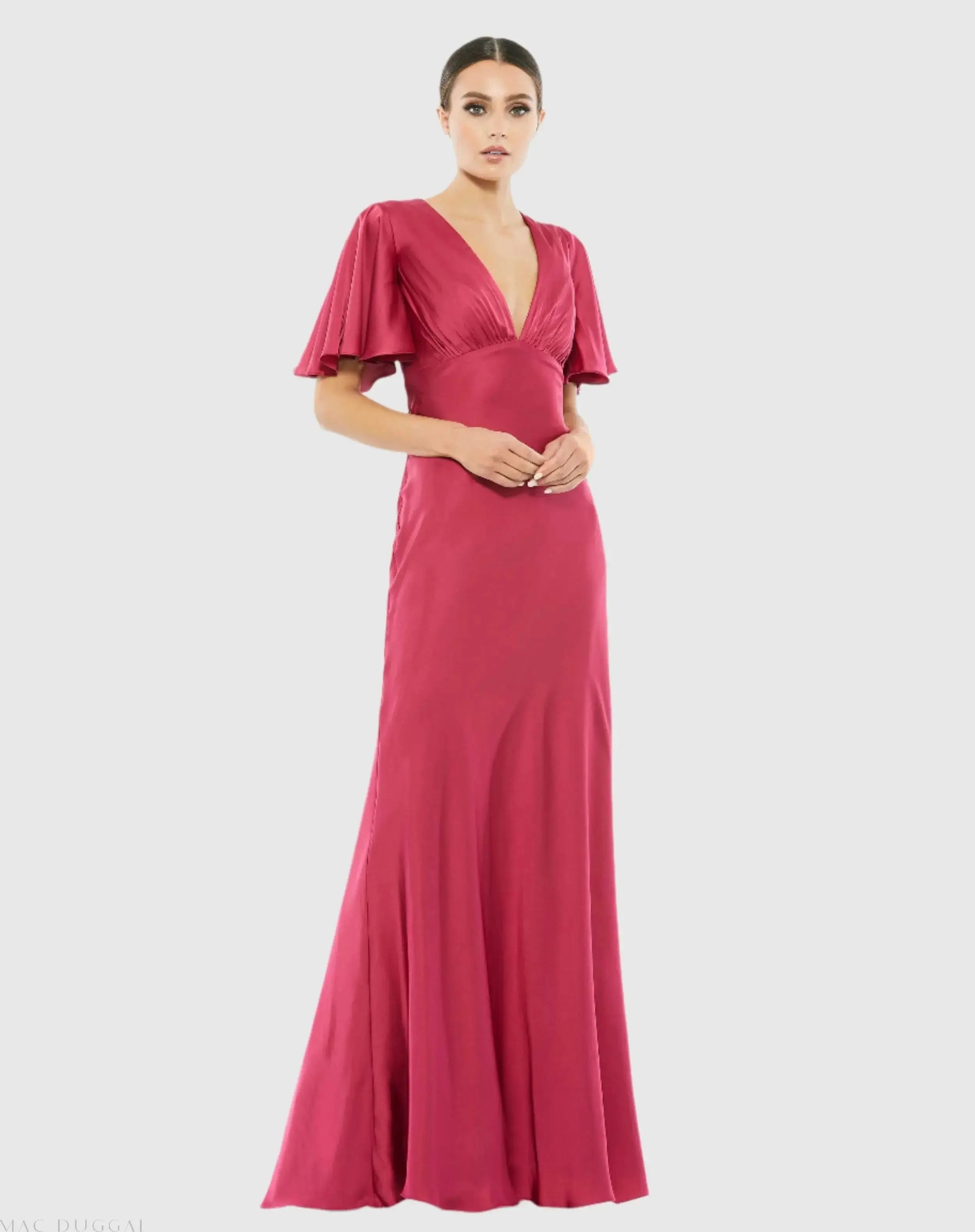 Flounce Sleeve V-Neck Trumpet Gown-Myartka