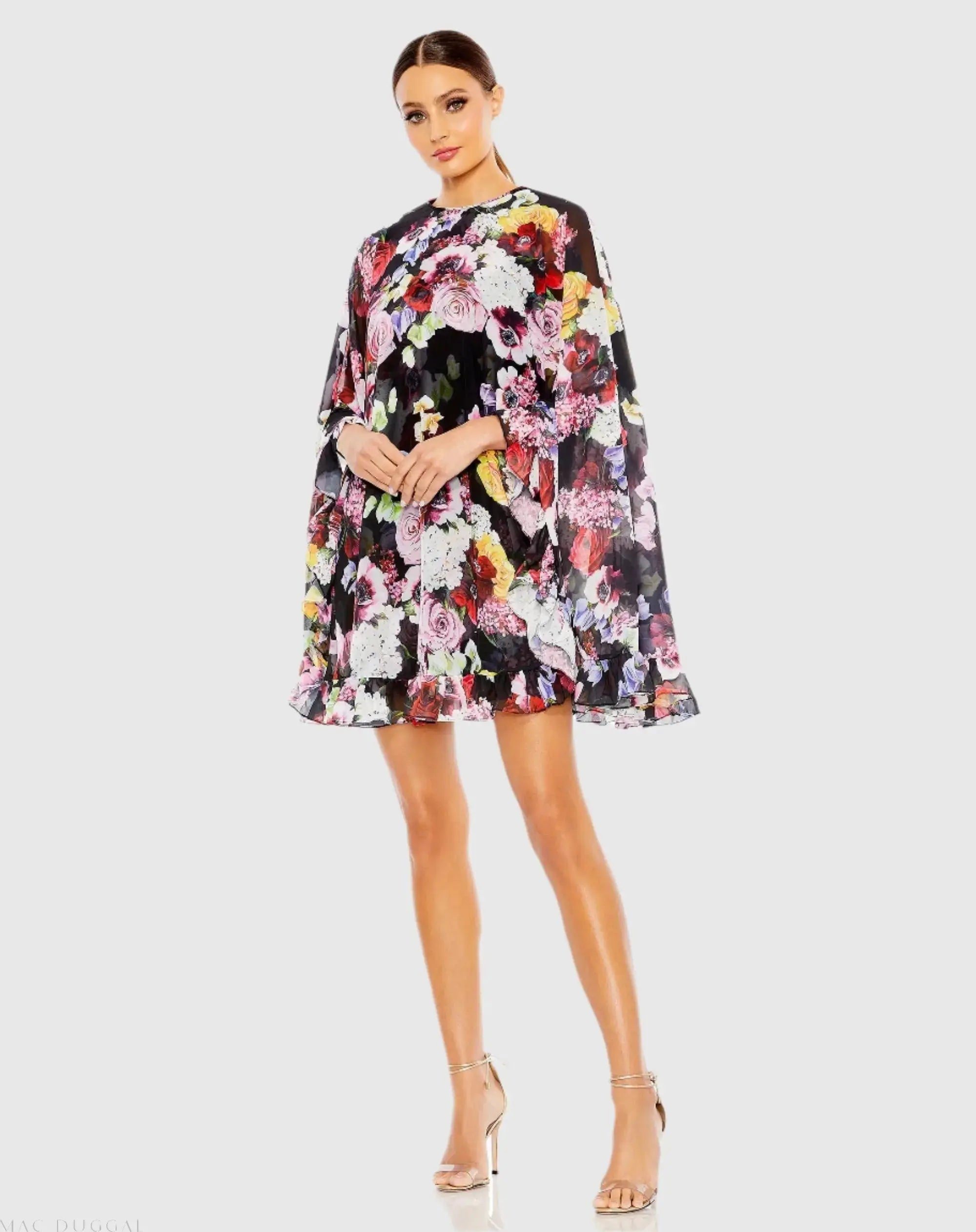Floral Print High Neck Ruffle Hem Cape Mini Dress-Myartka
