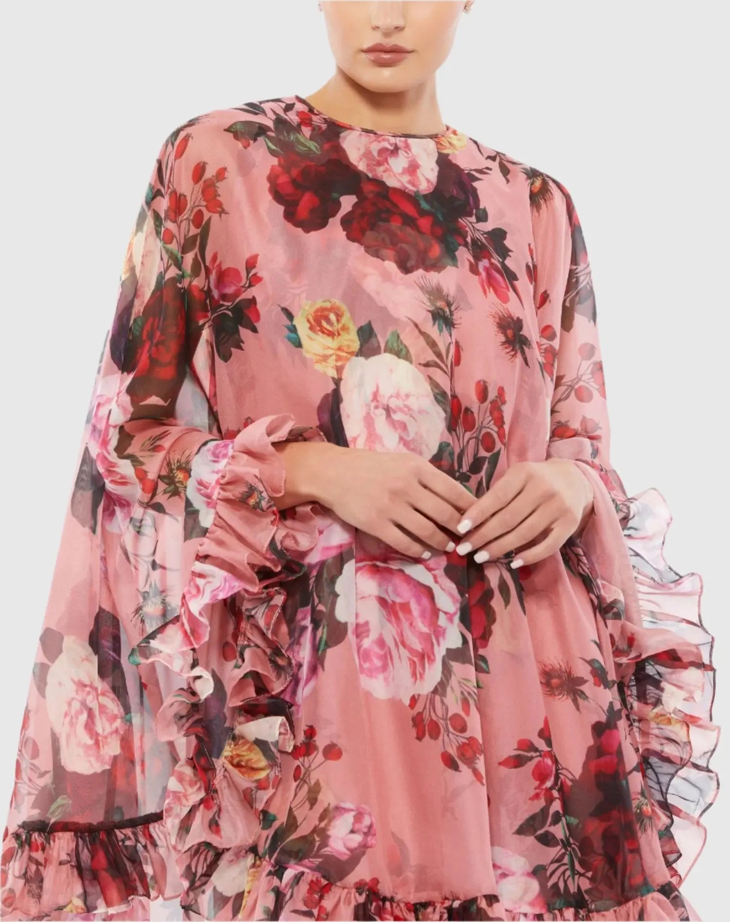 Pink Multicolor Floral Print High Neck Ruffle Hem Cape Mini Dress-Myartka