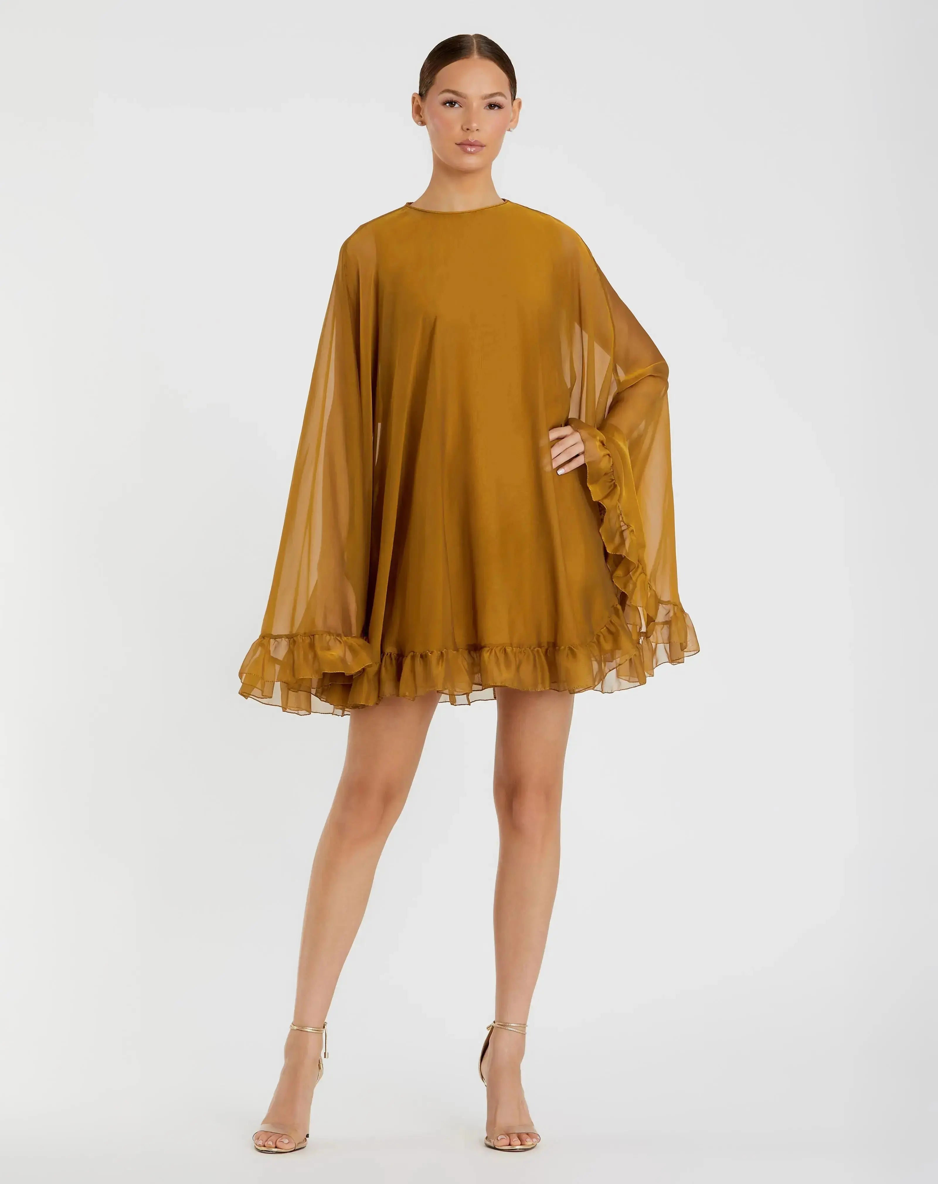 Dark Yellow High Neck Ruffle Hem Cape Mini Dress-Myartka