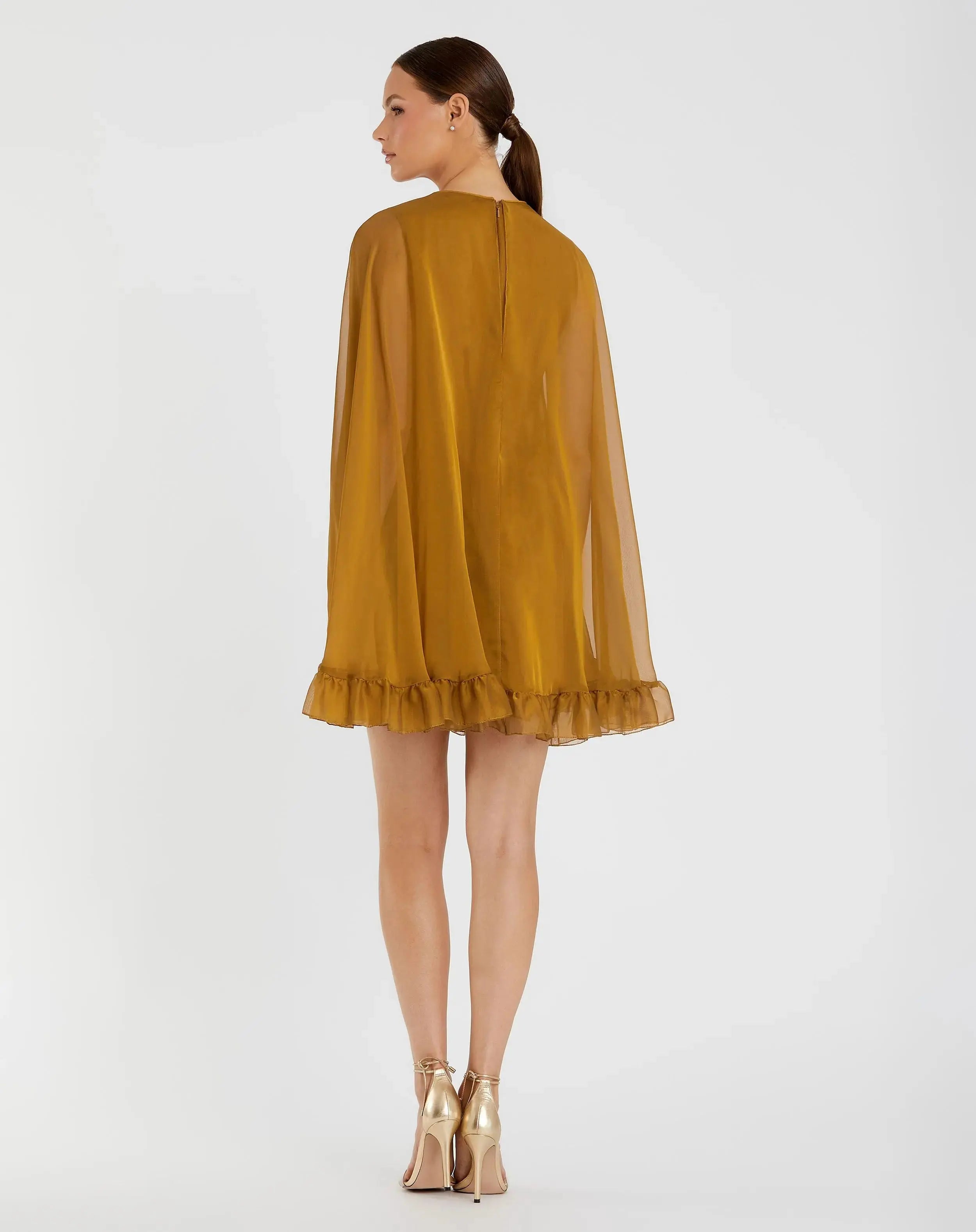 Dark Yellow High Neck Ruffle Hem Cape Mini Dress-Myartka