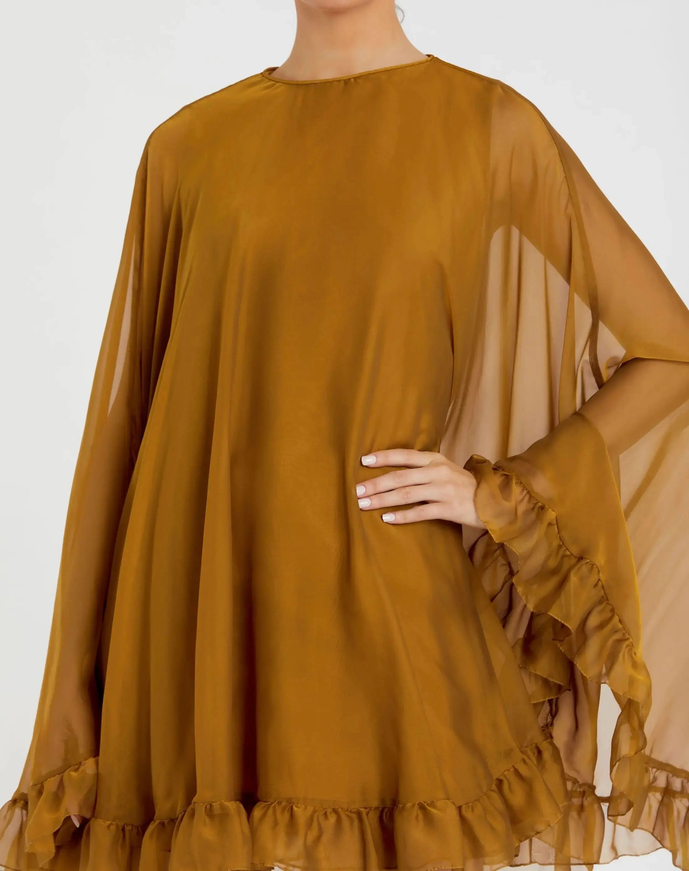 Dark Yellow High Neck Ruffle Hem Cape Mini Dress-Myartka