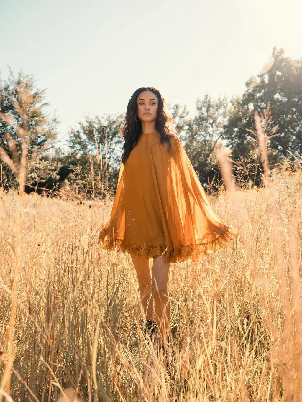 Dark Yellow High Neck Ruffle Hem Cape Mini Dress-Myartka