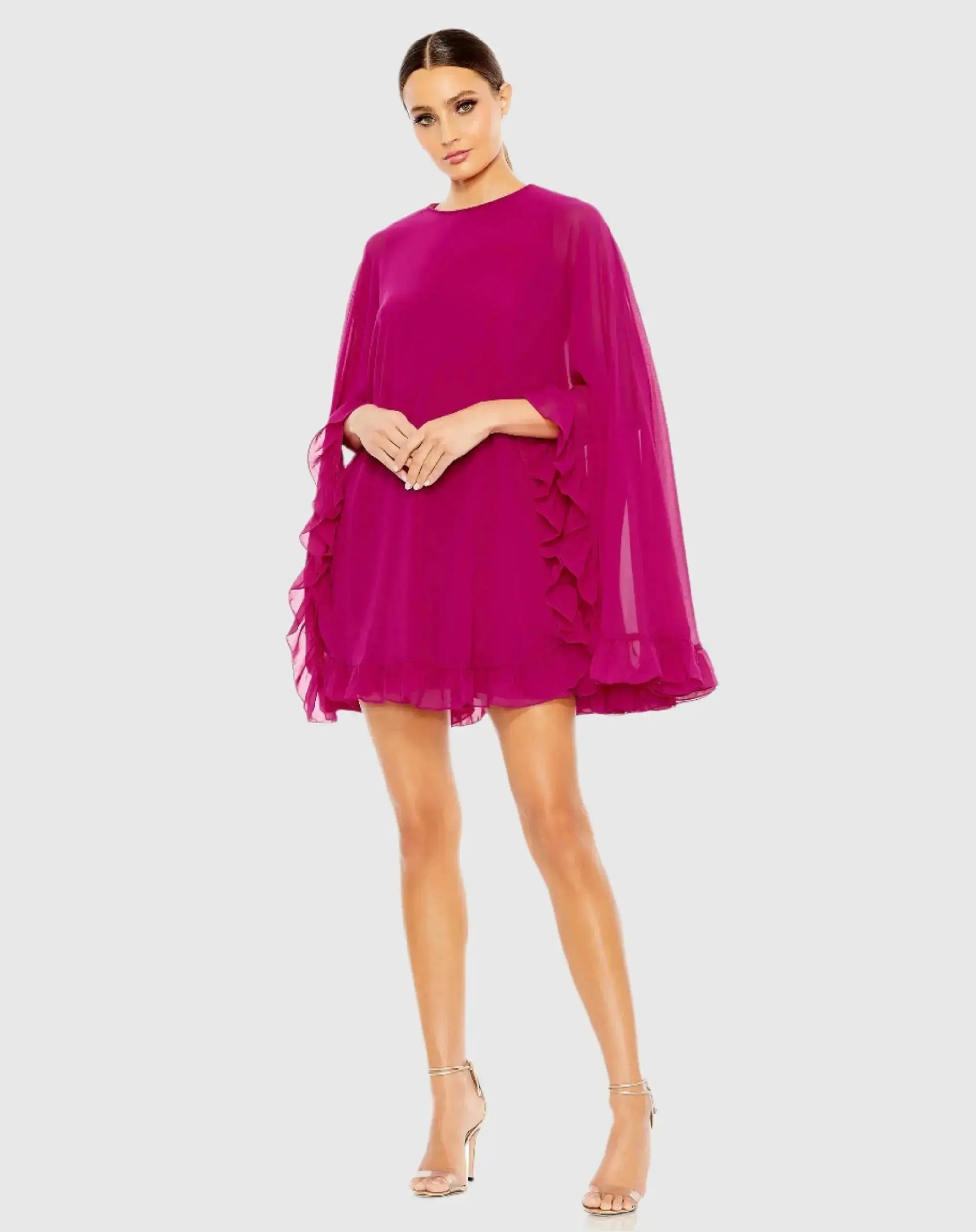 High Neck Ruffle Hem Cape Mini Dress-Myartka