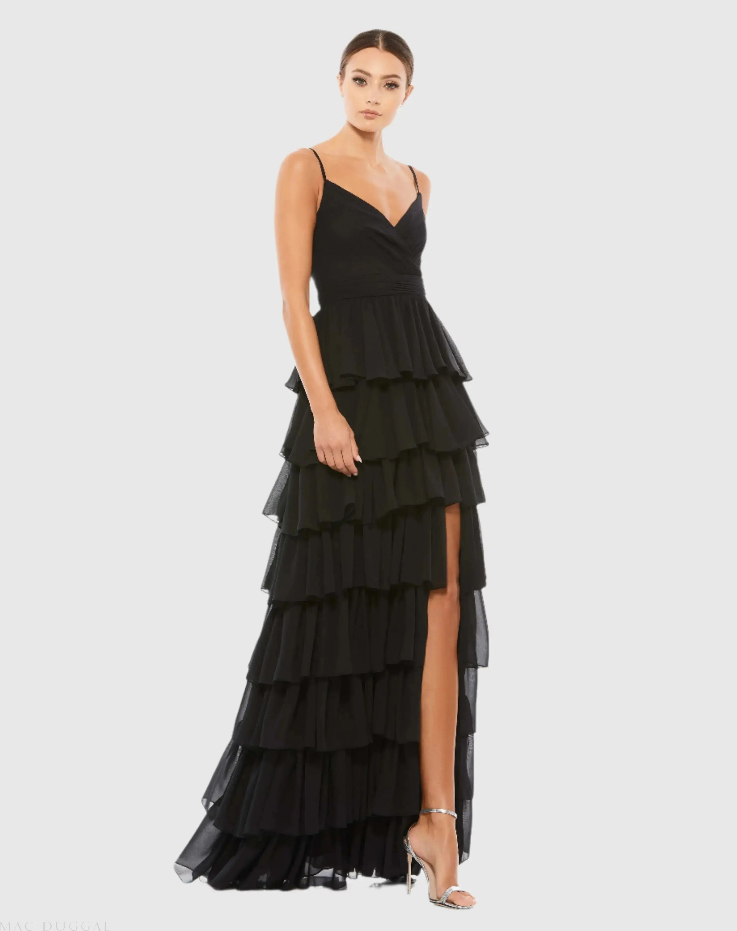 Black V-Neck Sleeveless Gown with Ruffled Skirt-Myartka