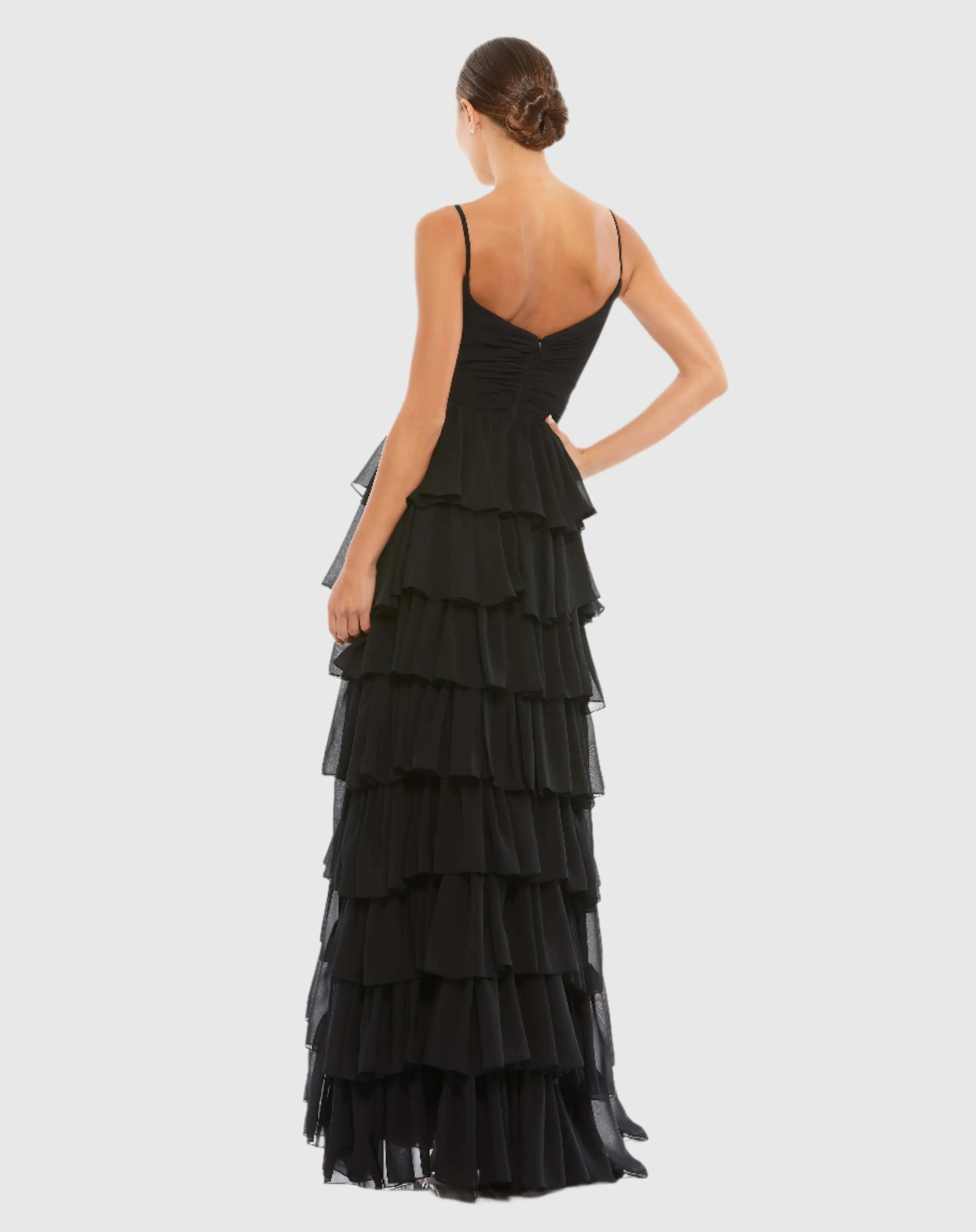 Black V-Neck Sleeveless Gown with Ruffled Skirt-Myartka