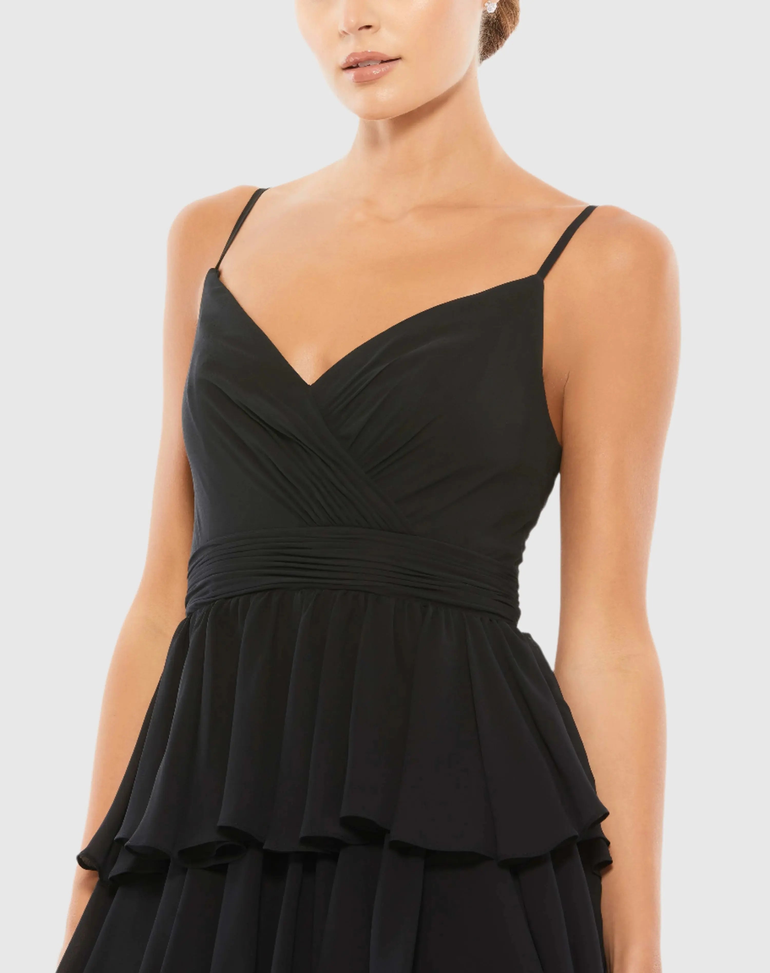 Black V-Neck Sleeveless Gown with Ruffled Skirt-Myartka