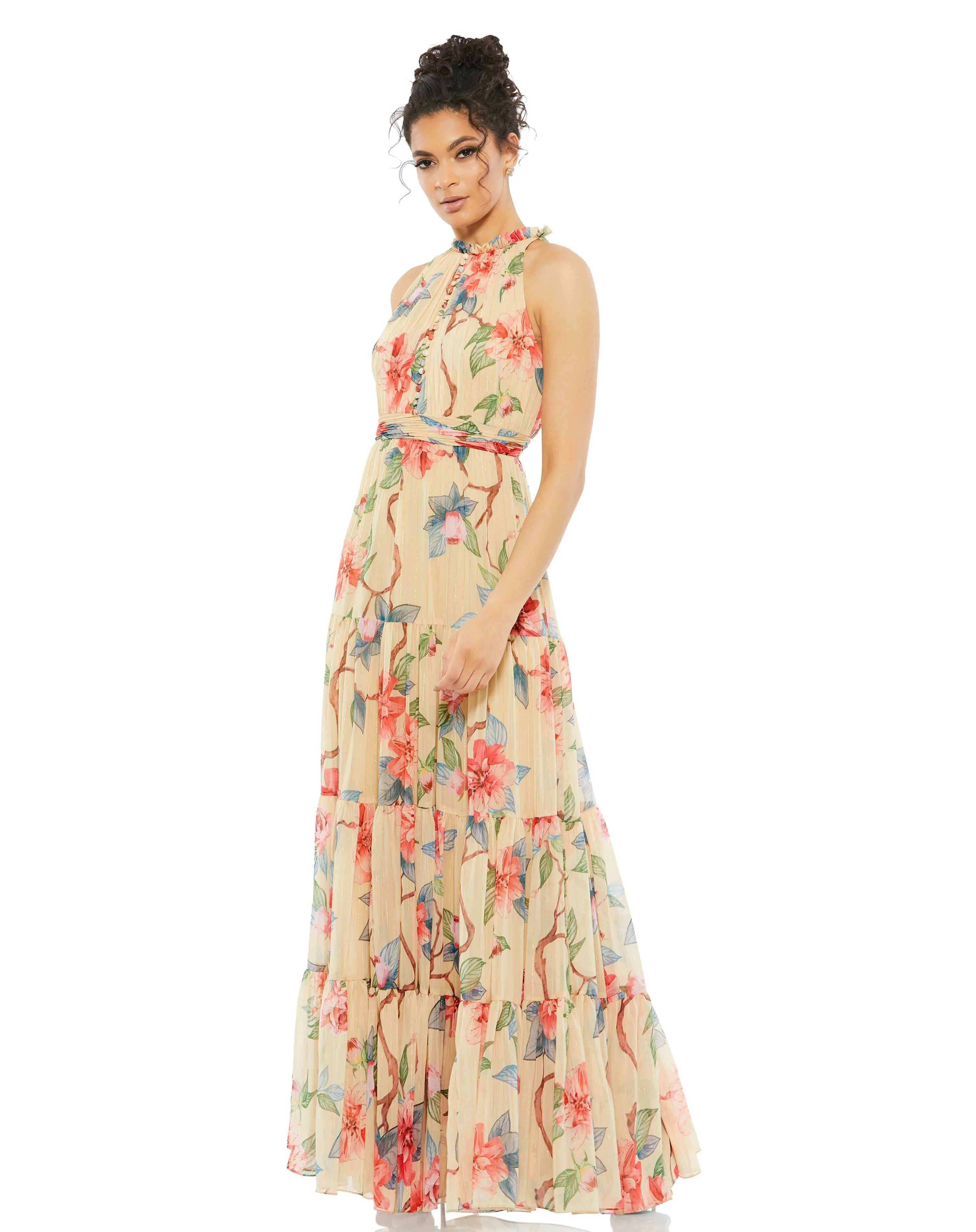 Beige Floral Halter Neck Maxi Dress-Myartka