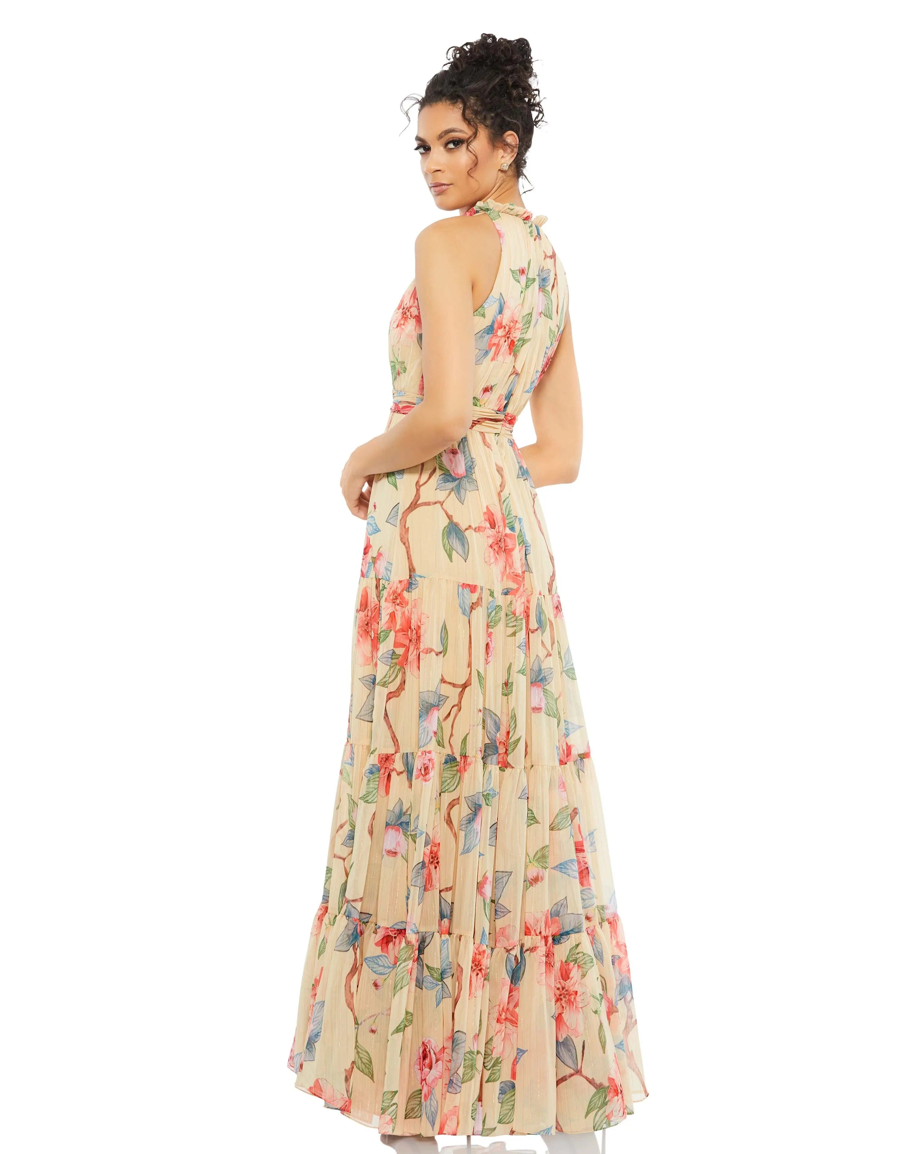 Beige Floral Halter Neck Maxi Dress-Myartka