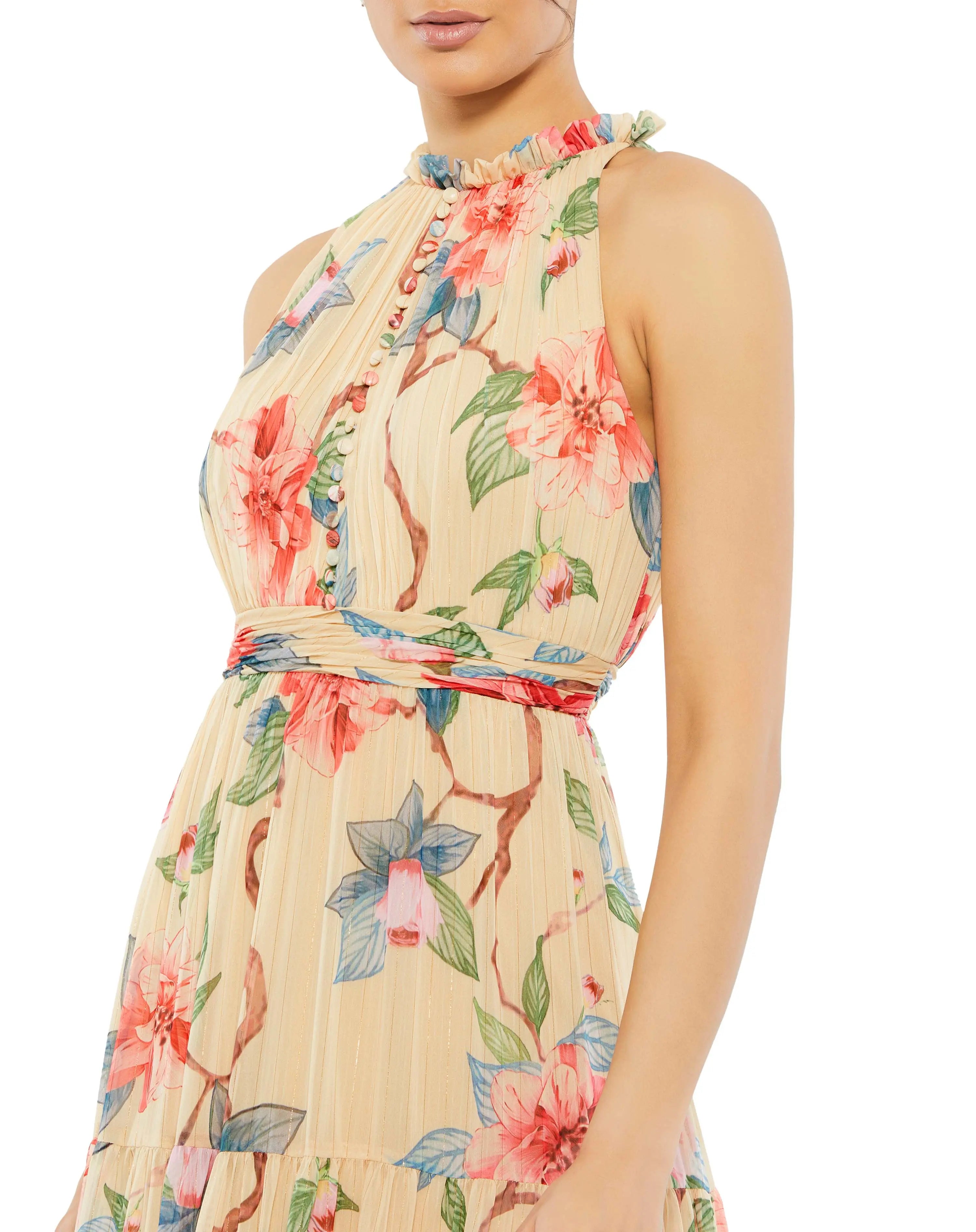 Beige Floral Halter Neck Maxi Dress-Myartka