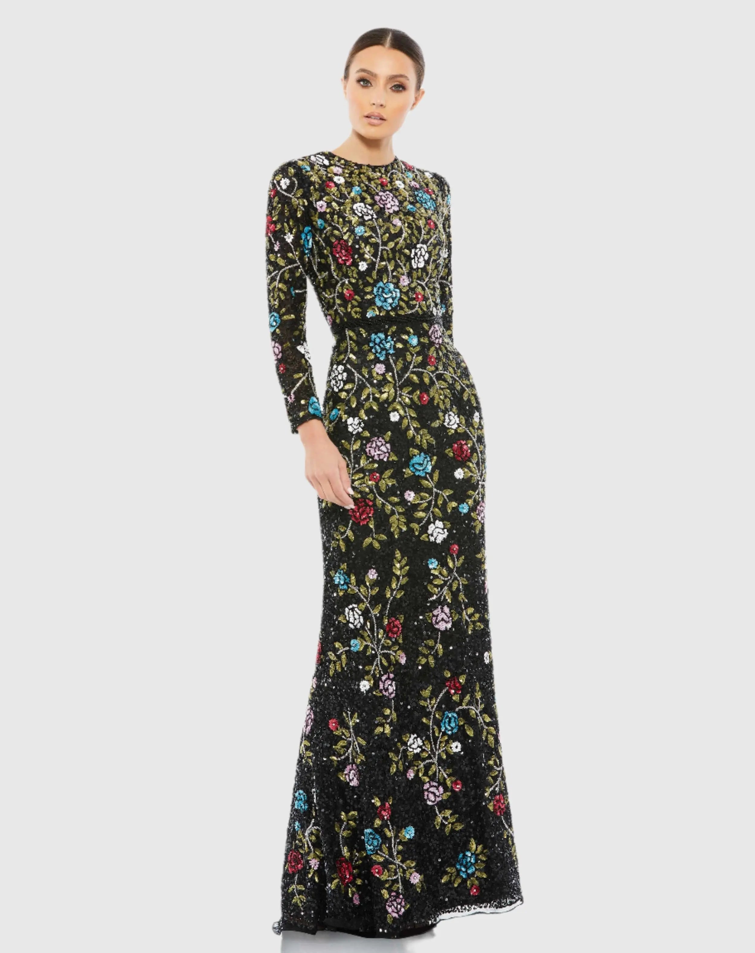 Black Floral Embellished Long Sleeve Gown-Myartka