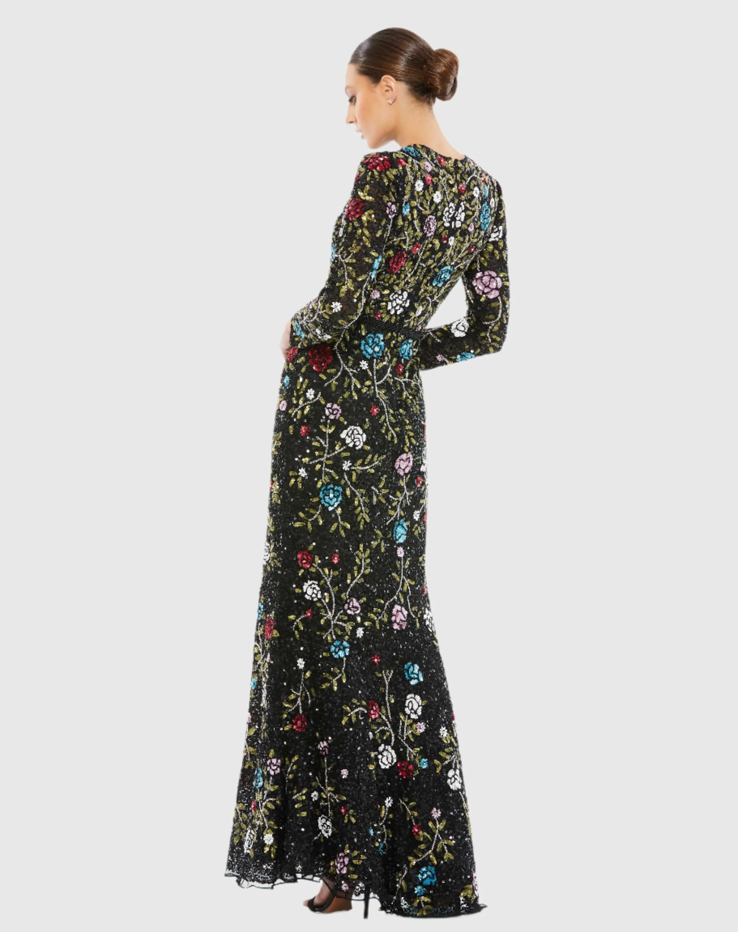 Black Floral Embellished Long Sleeve Gown-Myartka