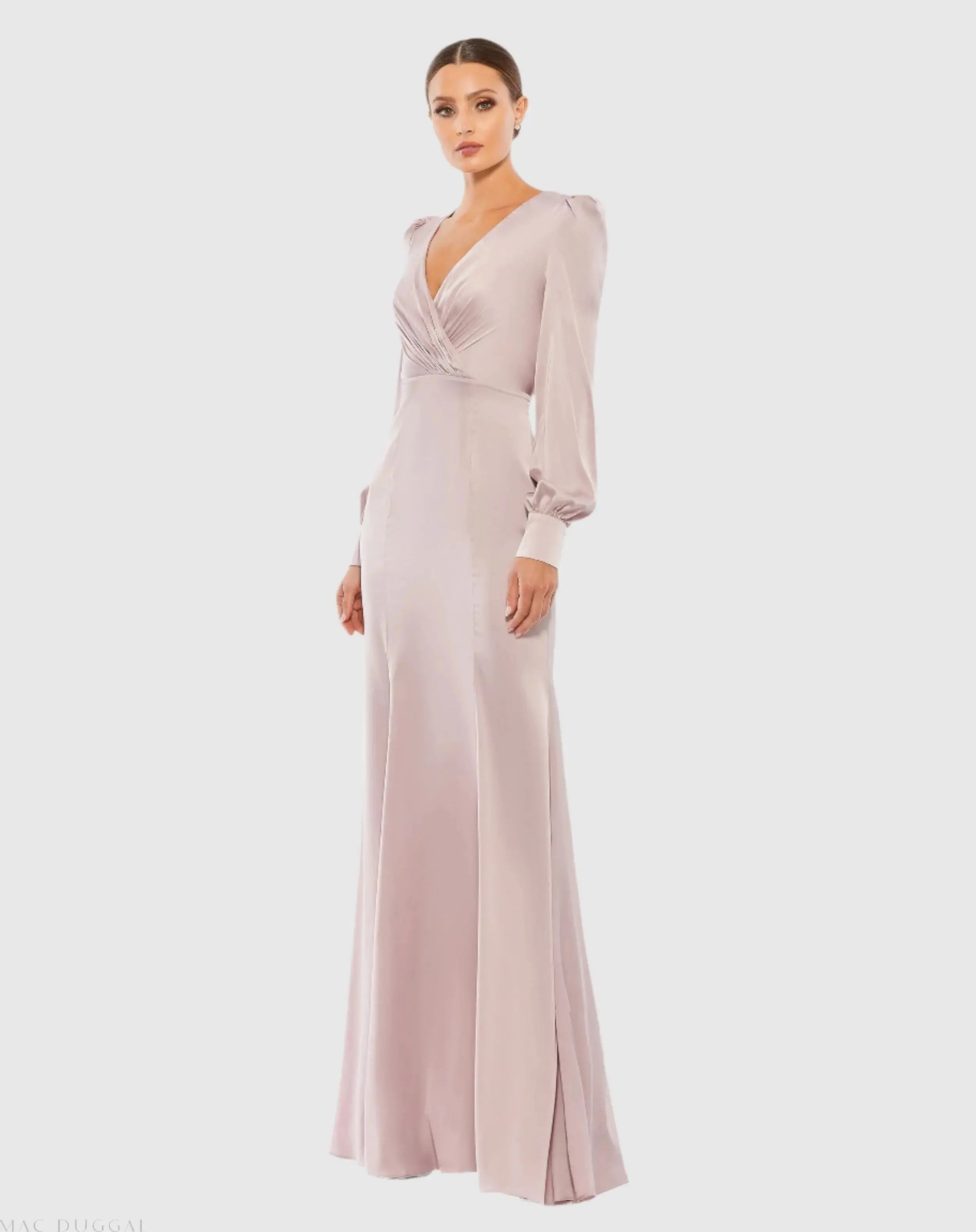 Satin Ruched Bishop Sleeve Gown-Myartka
