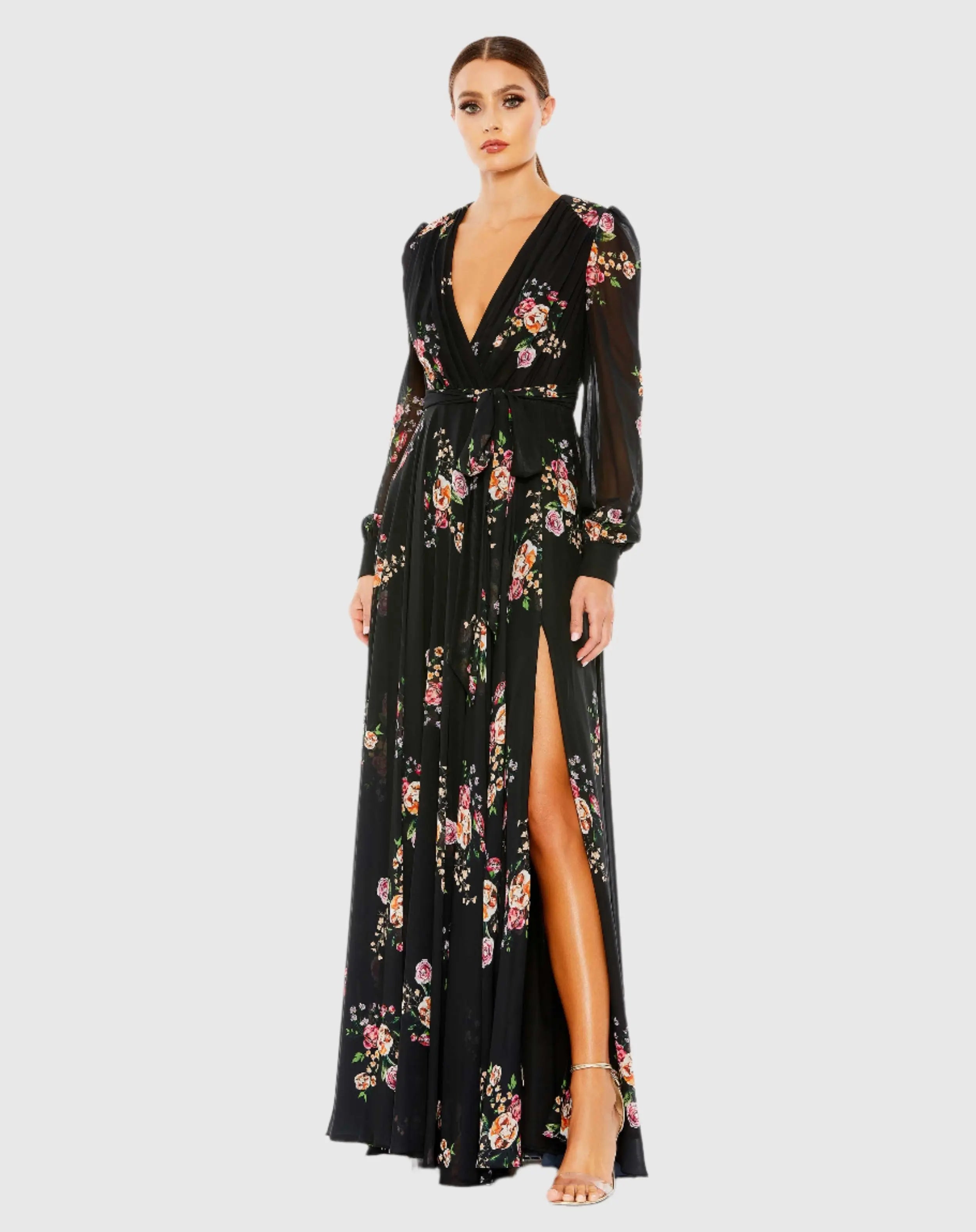 Black Belted Floral Print Illusion Long Sleeve Gown-Myartka