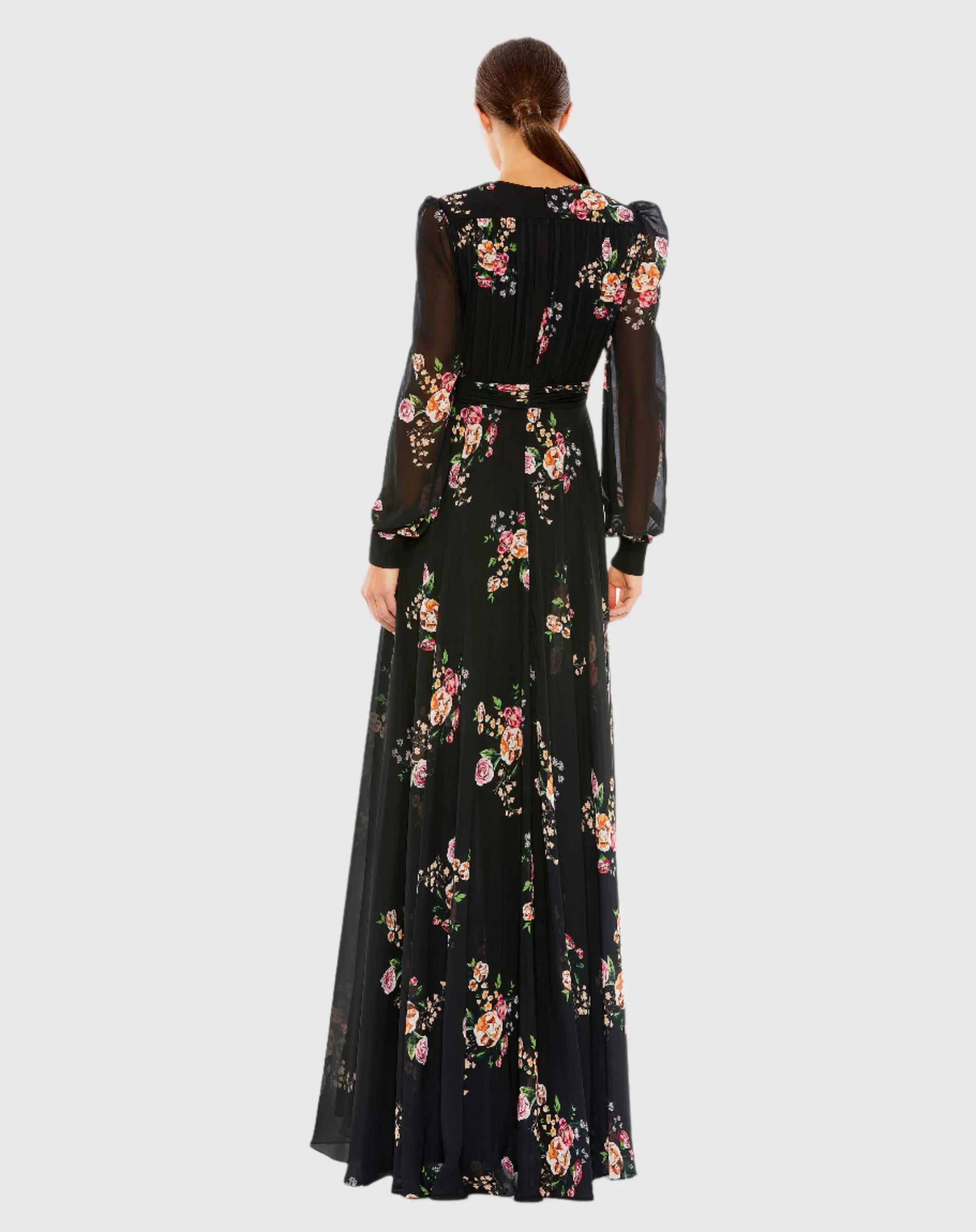 Black Belted Floral Print Illusion Long Sleeve Gown-Myartka