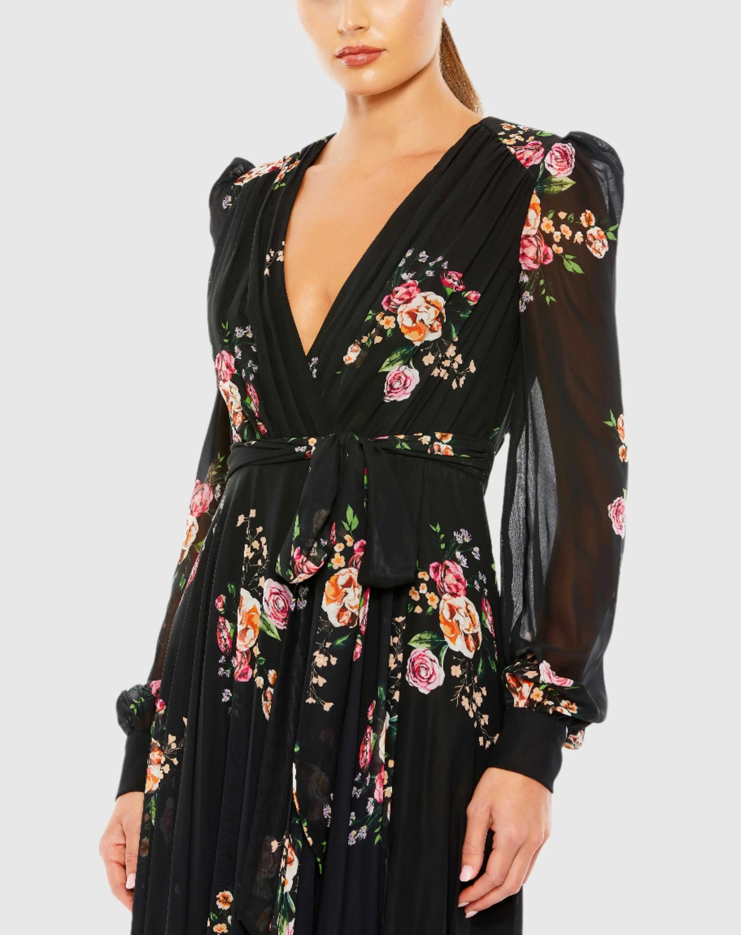 Black Belted Floral Print Illusion Long Sleeve Gown-Myartka