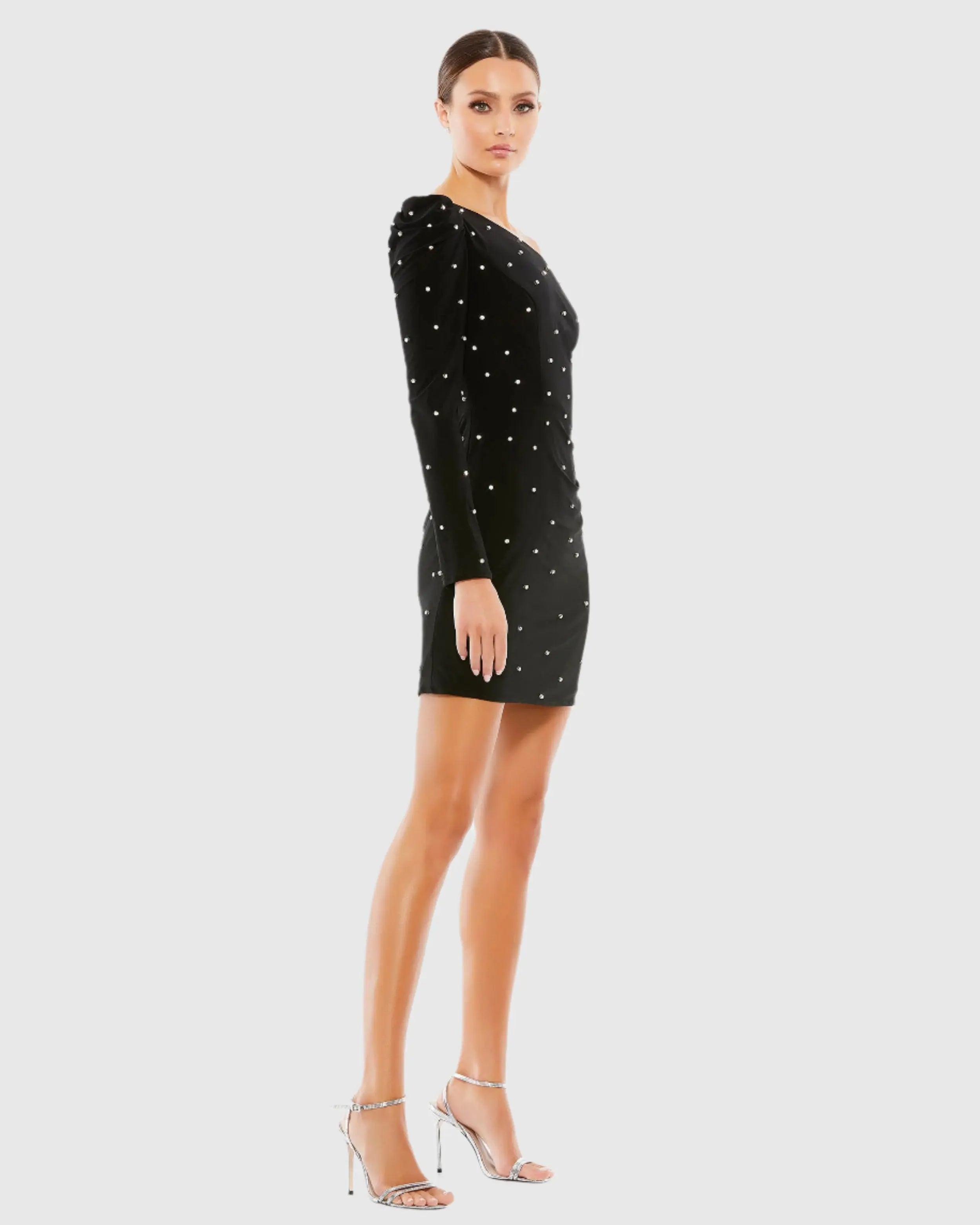 Black Rhinestone Encrusted One Shoulder Long Sleeve Mini Dress-Myartka