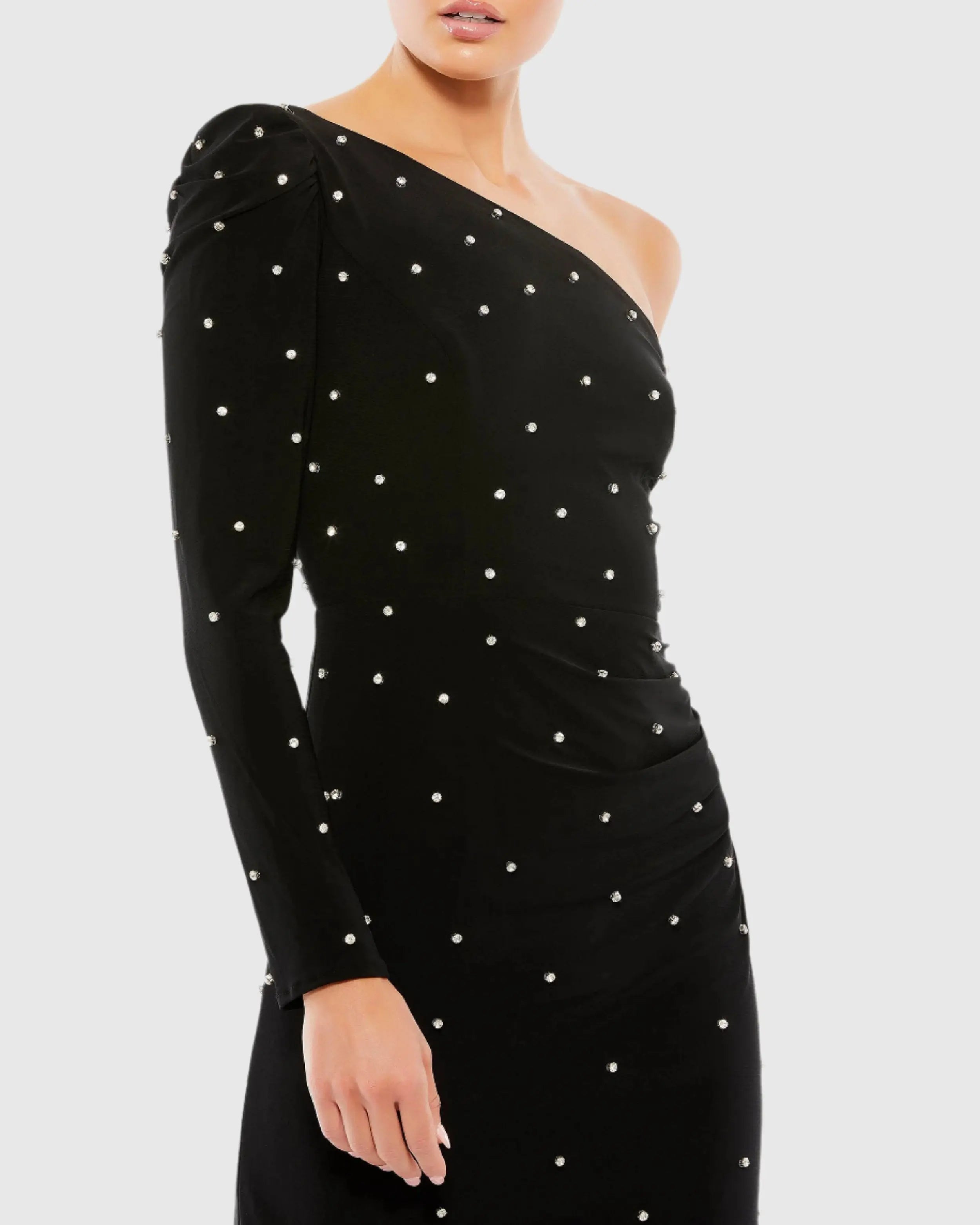 Black Rhinestone Encrusted One Shoulder Long Sleeve Mini Dress-Myartka