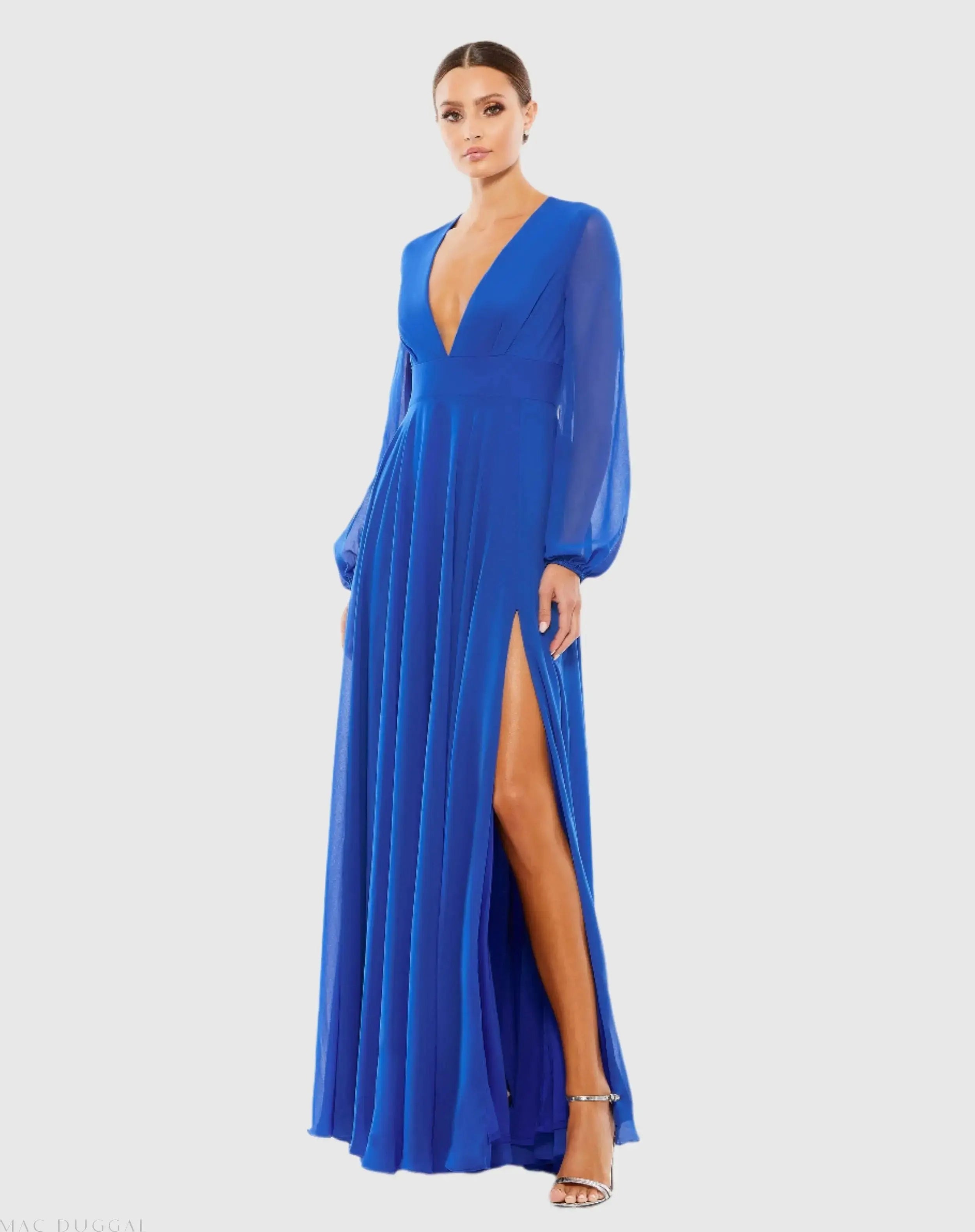 Blue V-Neck Illusion Long Sleeve Chiffon Gown-Myartka