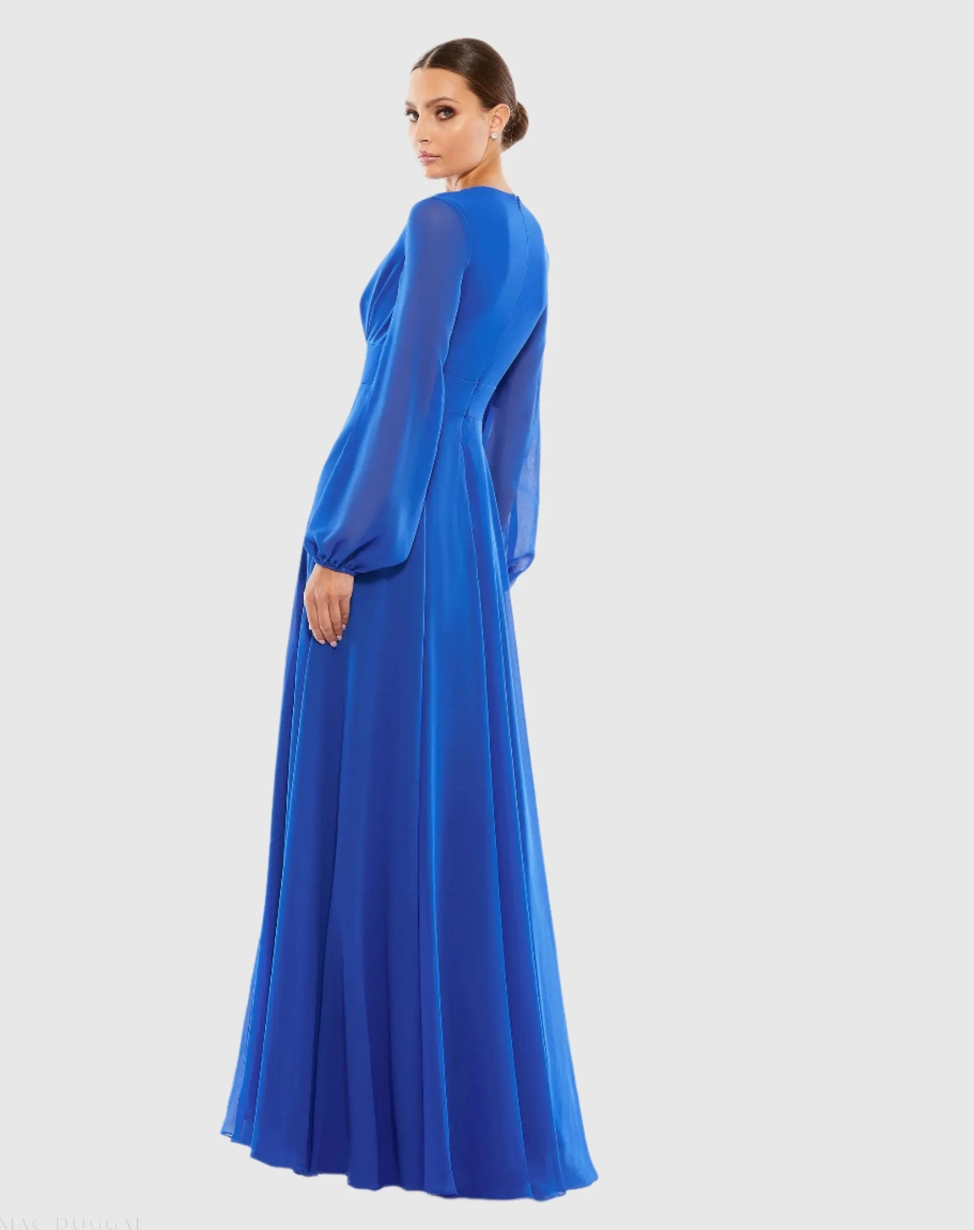 Blue V-Neck Illusion Long Sleeve Chiffon Gown-Myartka