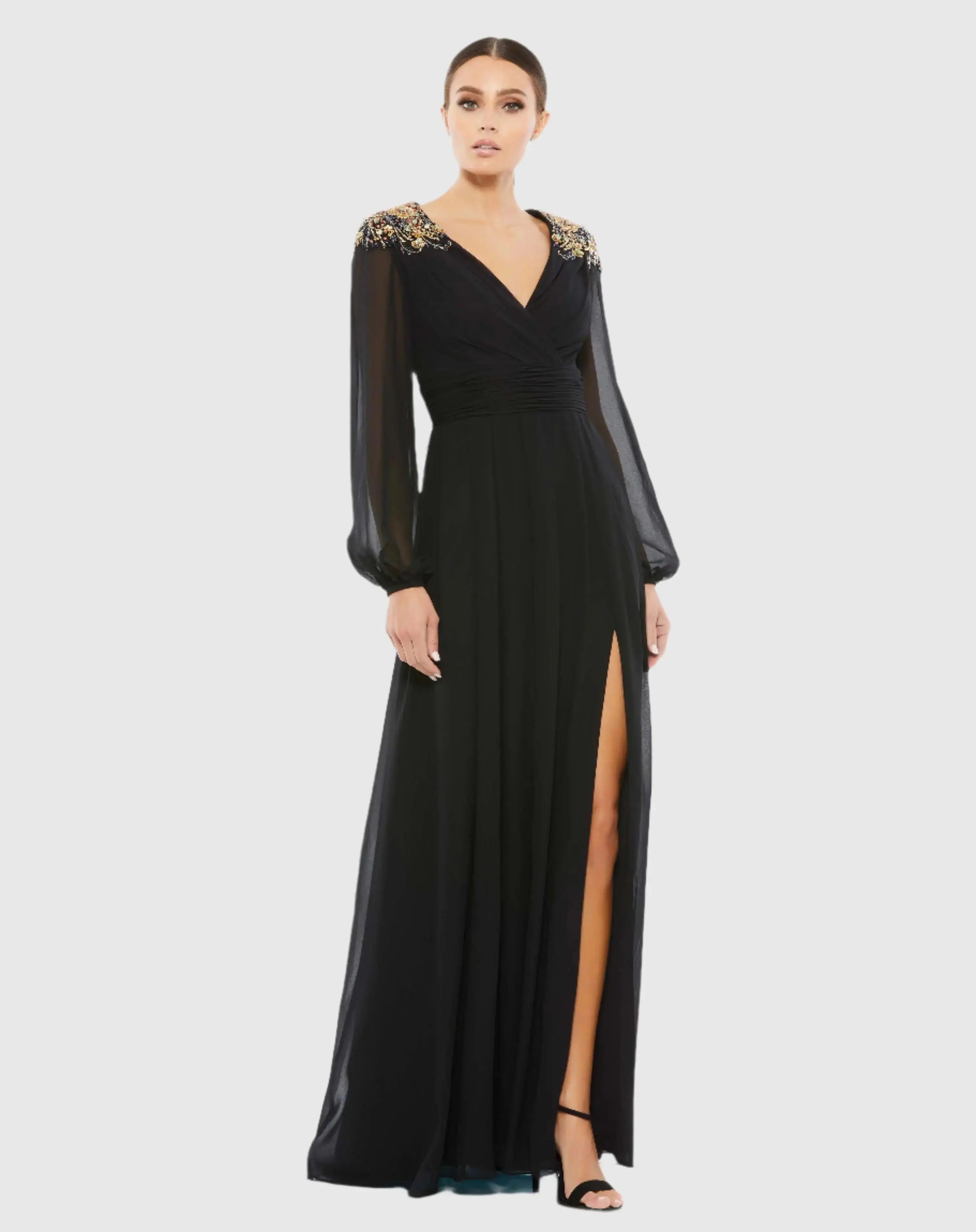 Black Embellished Shoulder Blouson Sleeve Evening Gown-Myartka