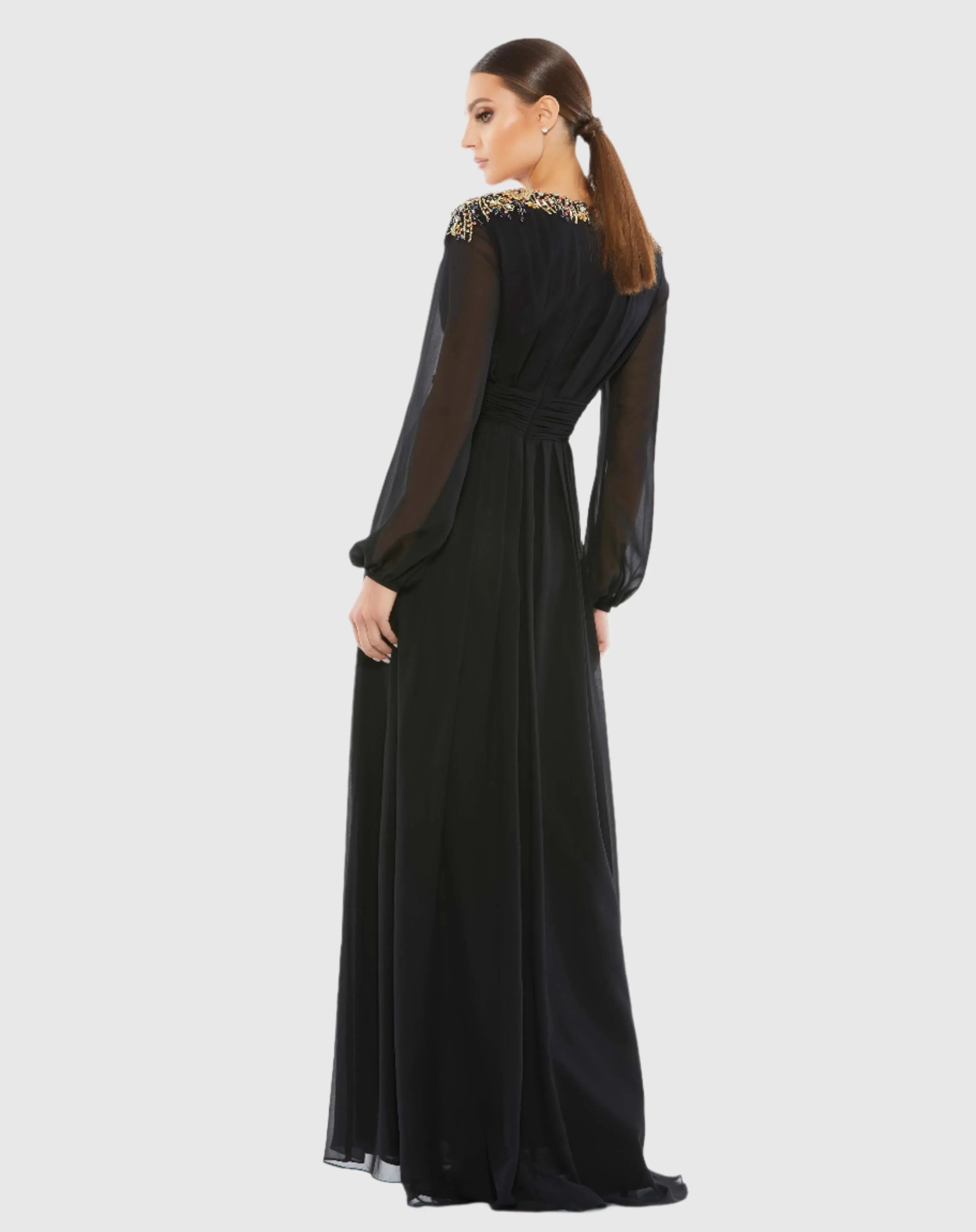 Black Embellished Shoulder Blouson Sleeve Evening Gown-Myartka