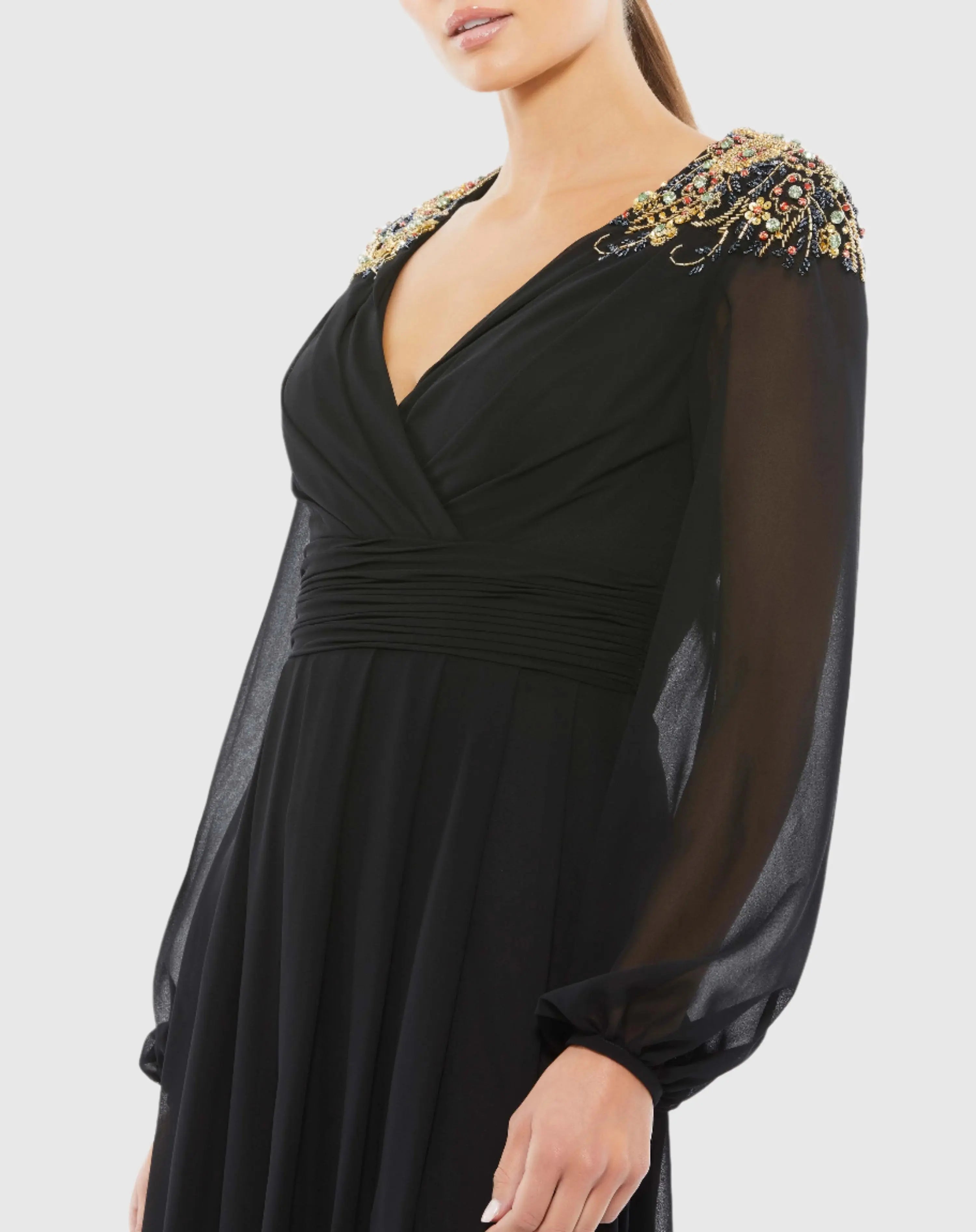 Black Embellished Shoulder Blouson Sleeve Evening Gown-Myartka