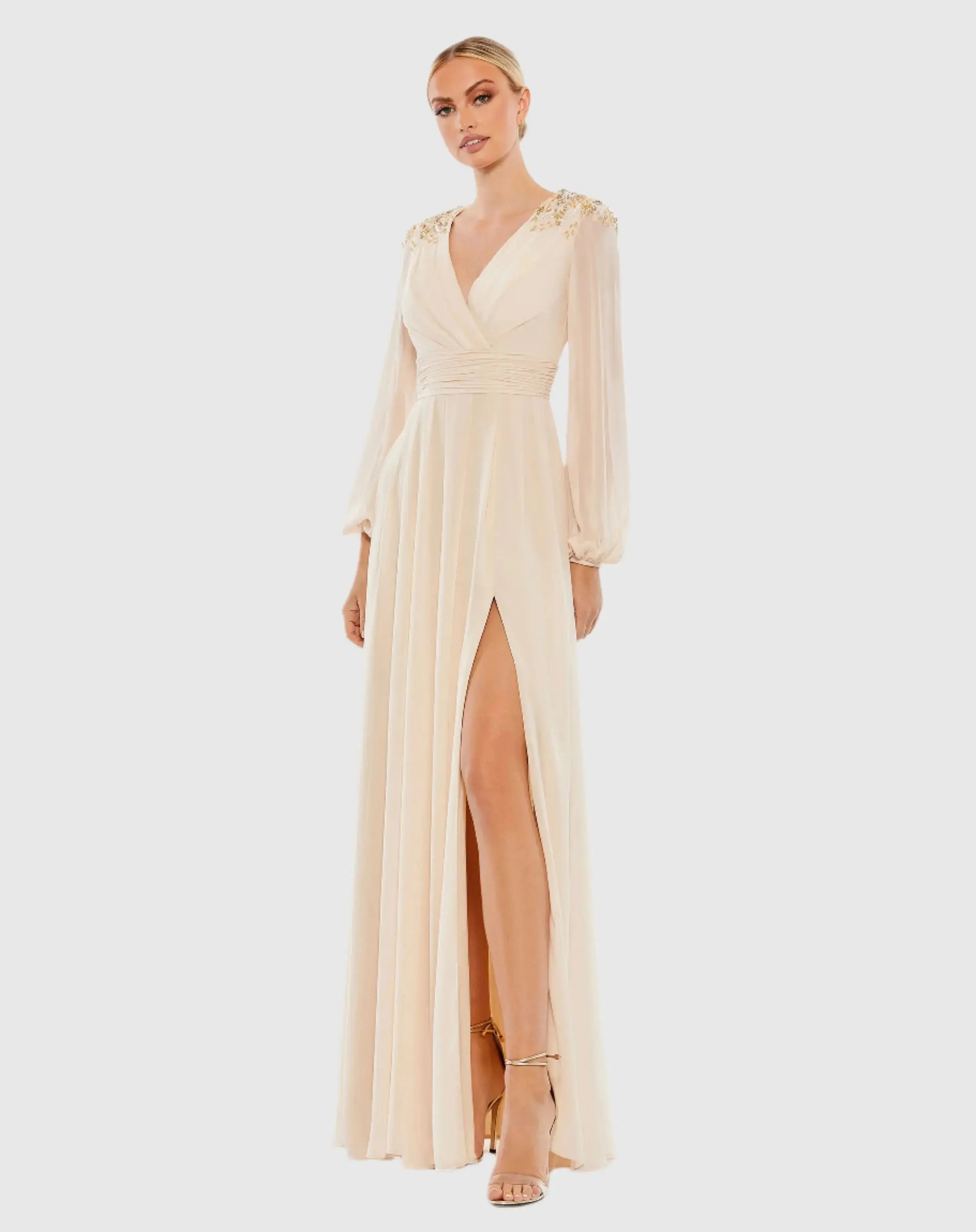 Beige Embellished Shoulder Blouson Sleeve Evening Gown-Myartka