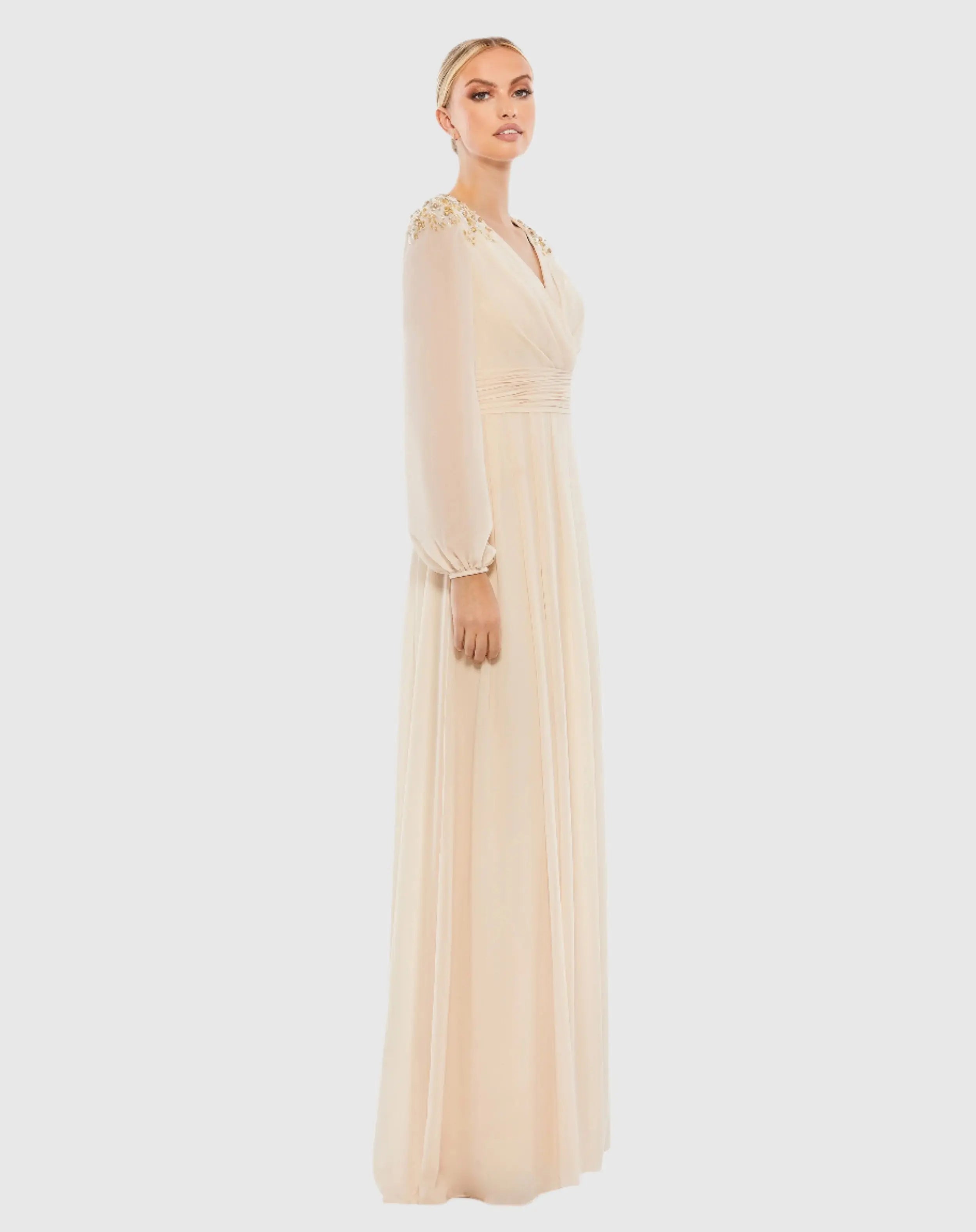 Beige Embellished Shoulder Blouson Sleeve Evening Gown-Myartka