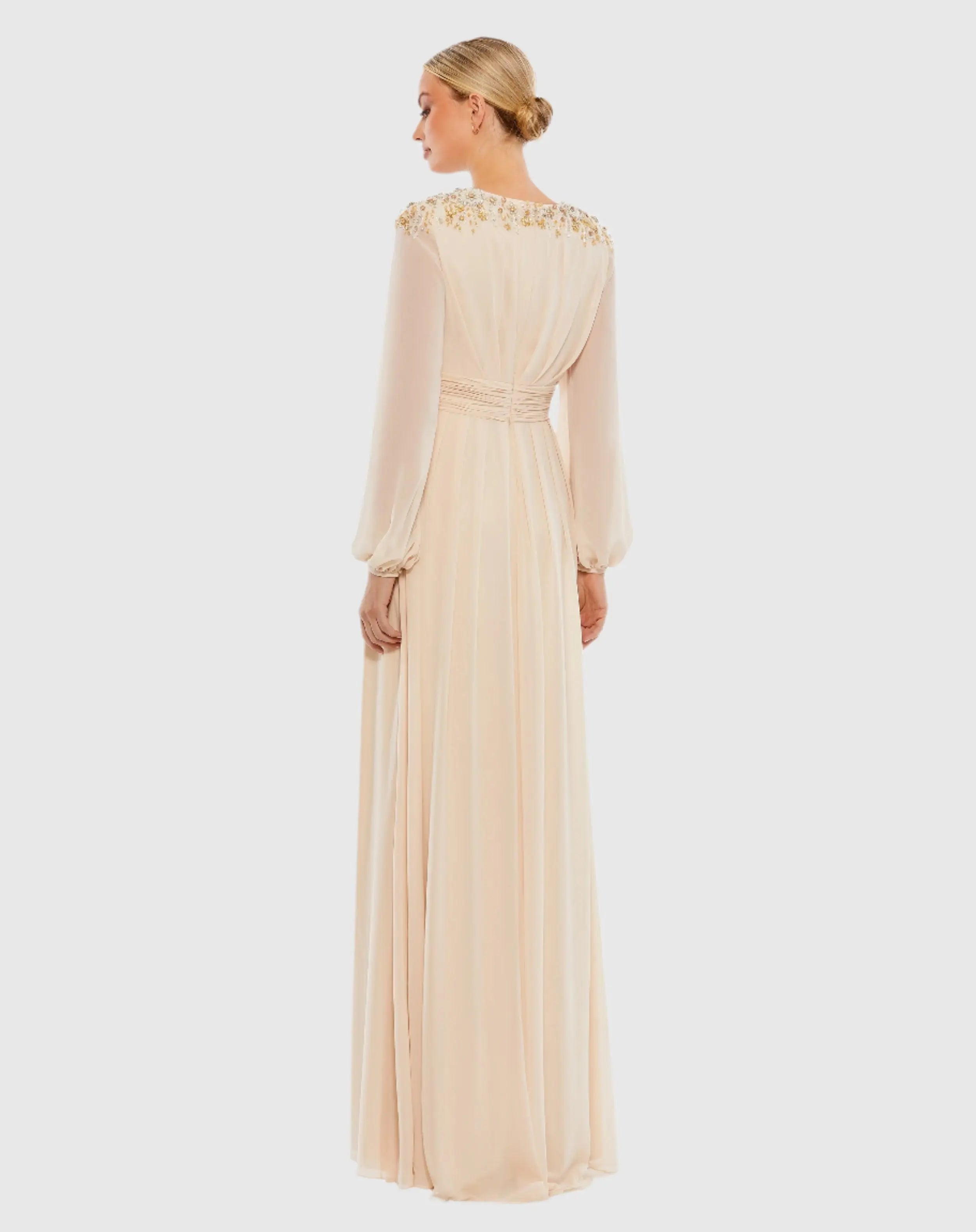 Beige Embellished Shoulder Blouson Sleeve Evening Gown-Myartka