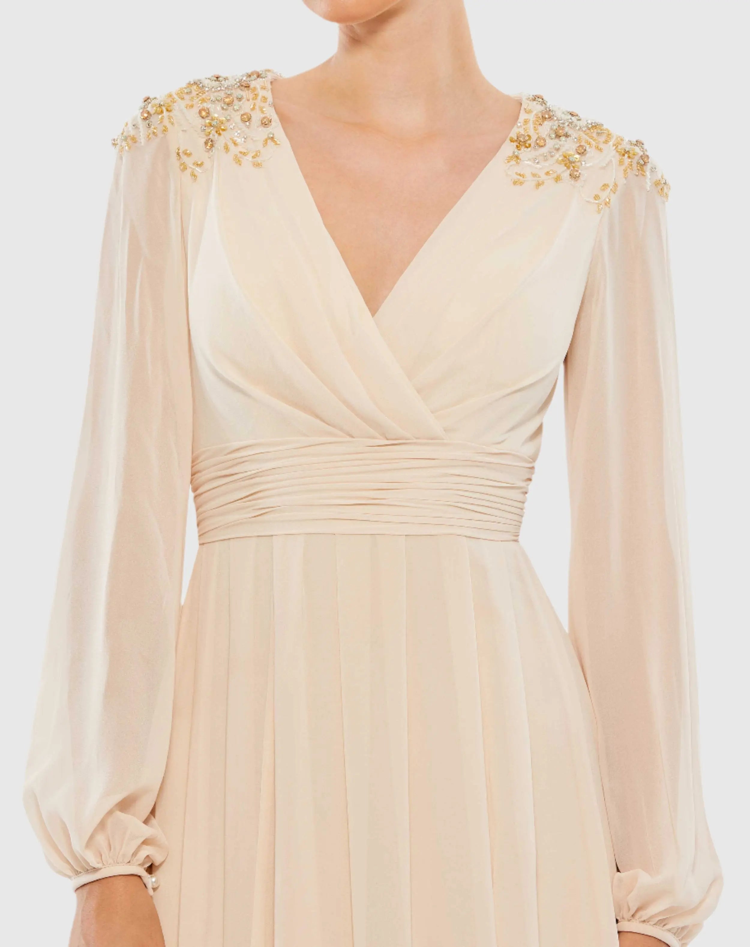 Beige Embellished Shoulder Blouson Sleeve Evening Gown-Myartka