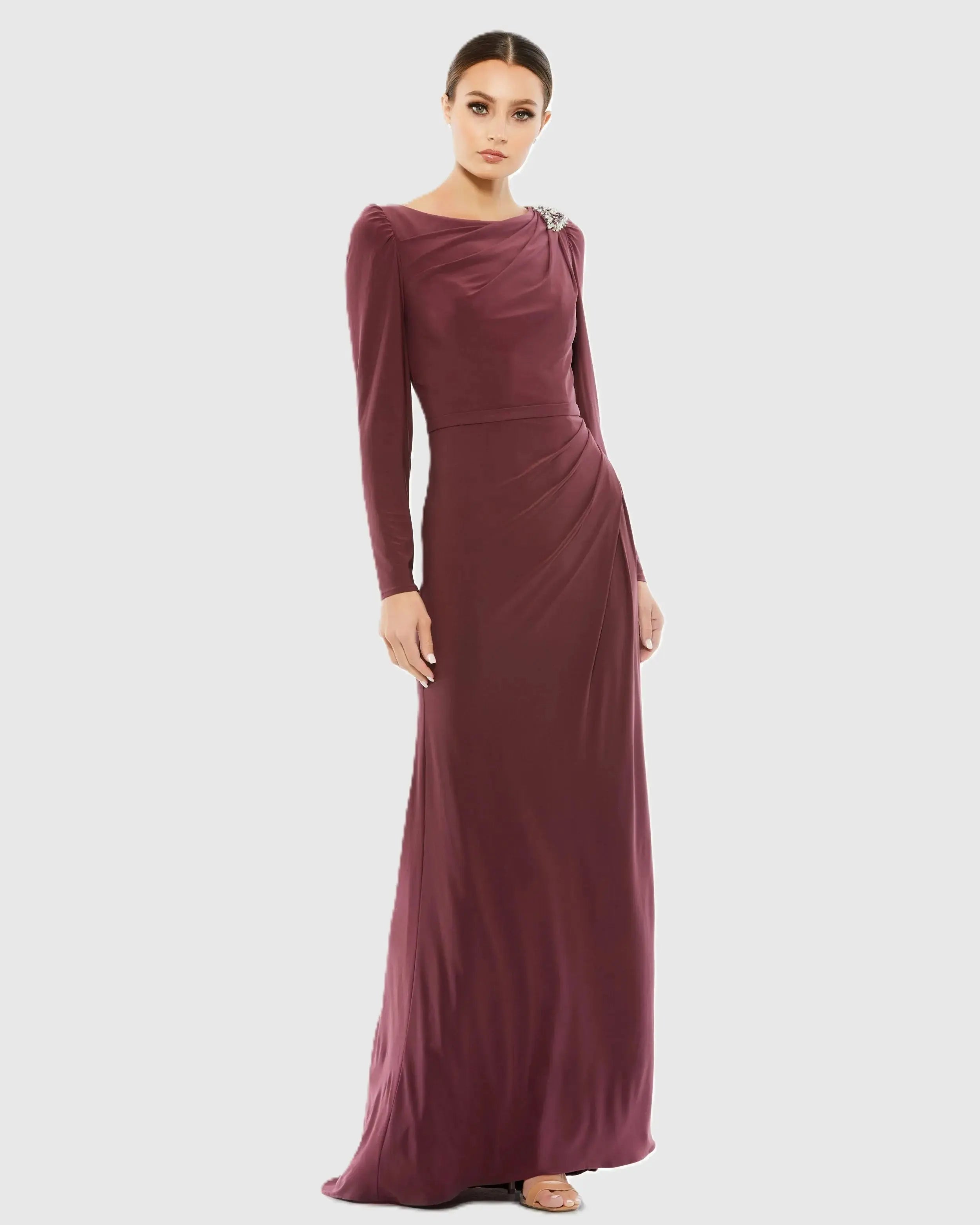 Draped Bateau Long Sleeve Trumpet Gown-Myartka