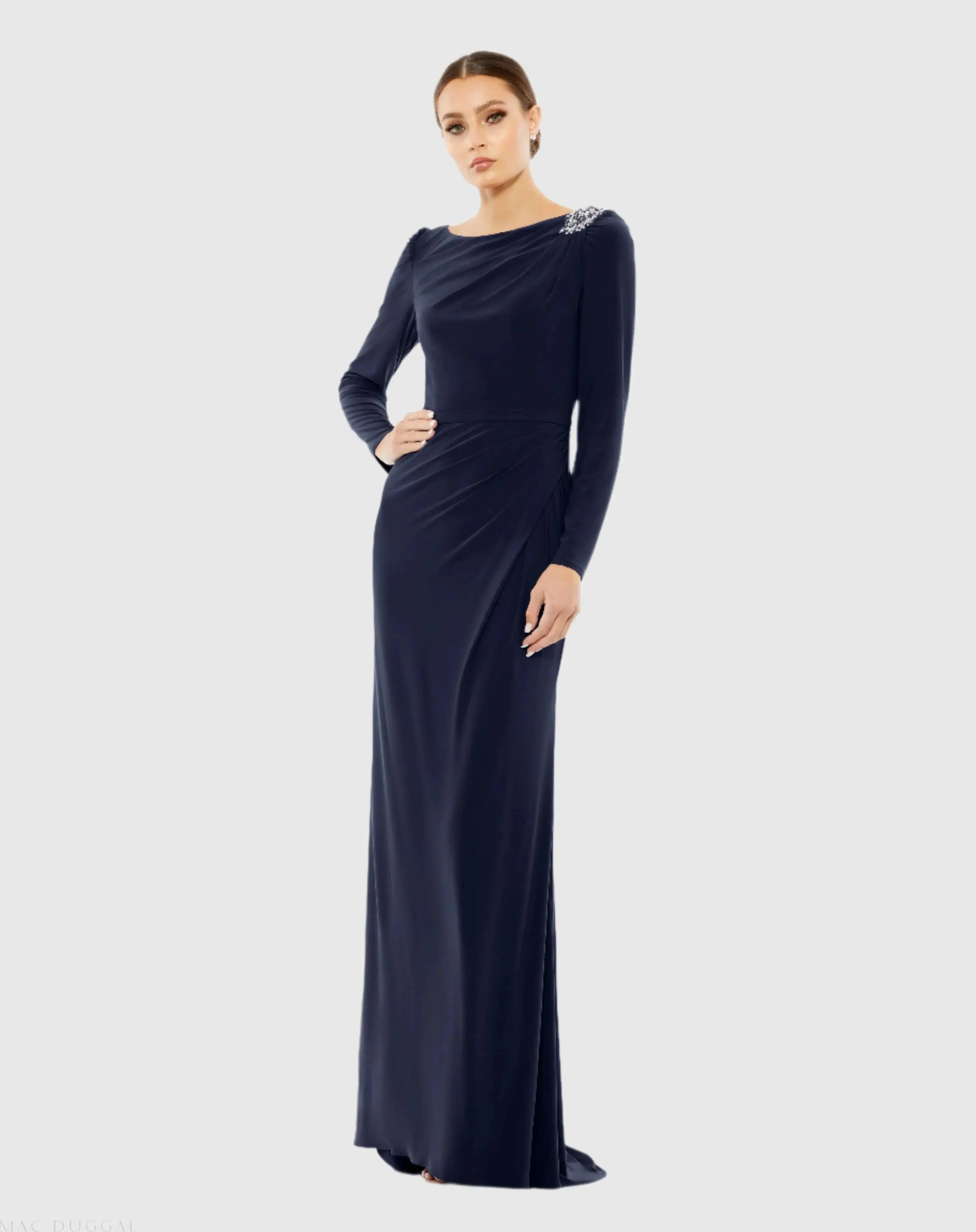 Draped Bateau Long Sleeve Trumpet Gown-Myartka