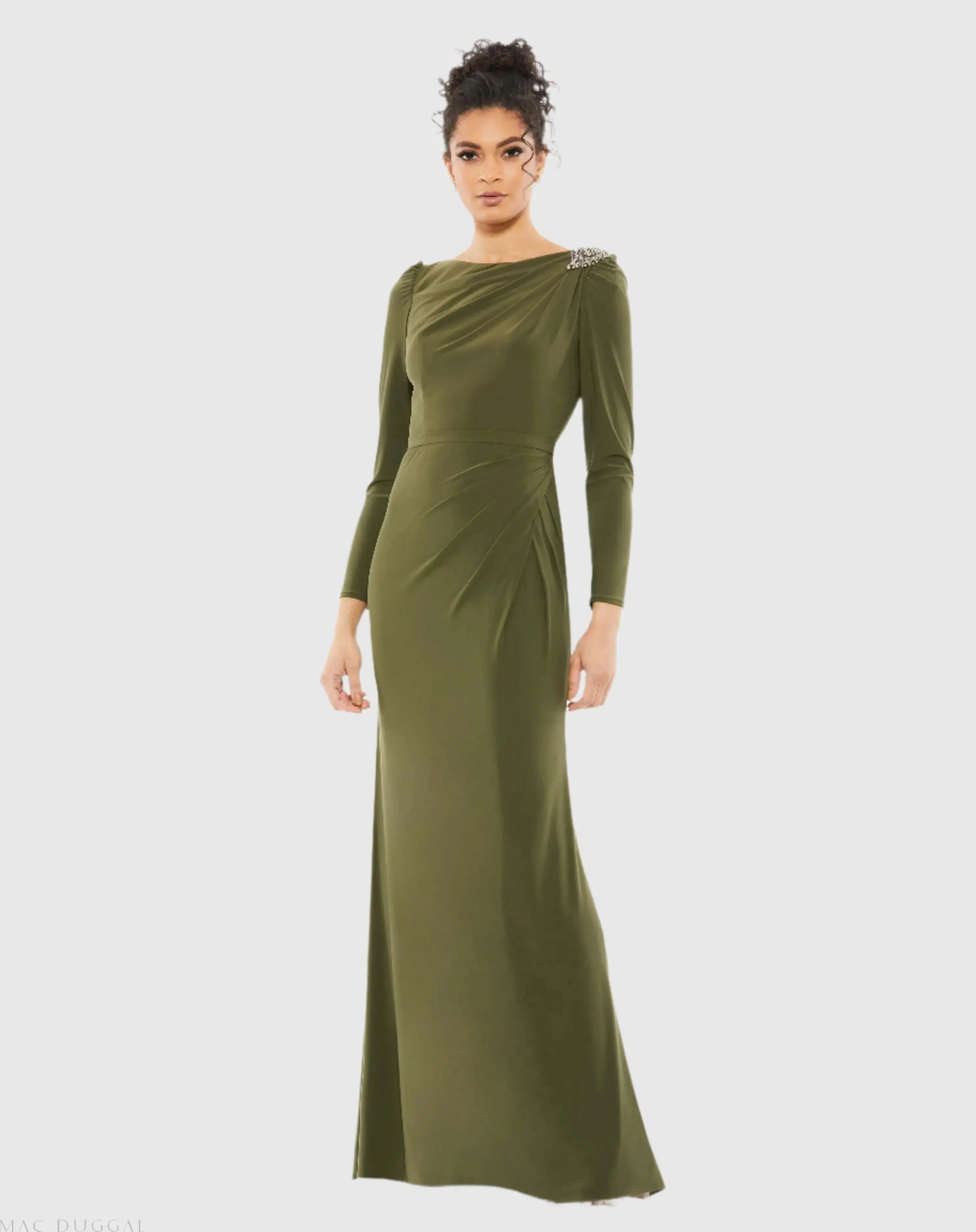 Green Draped Bateau Long Sleeve Trumpet Gown-Myartka