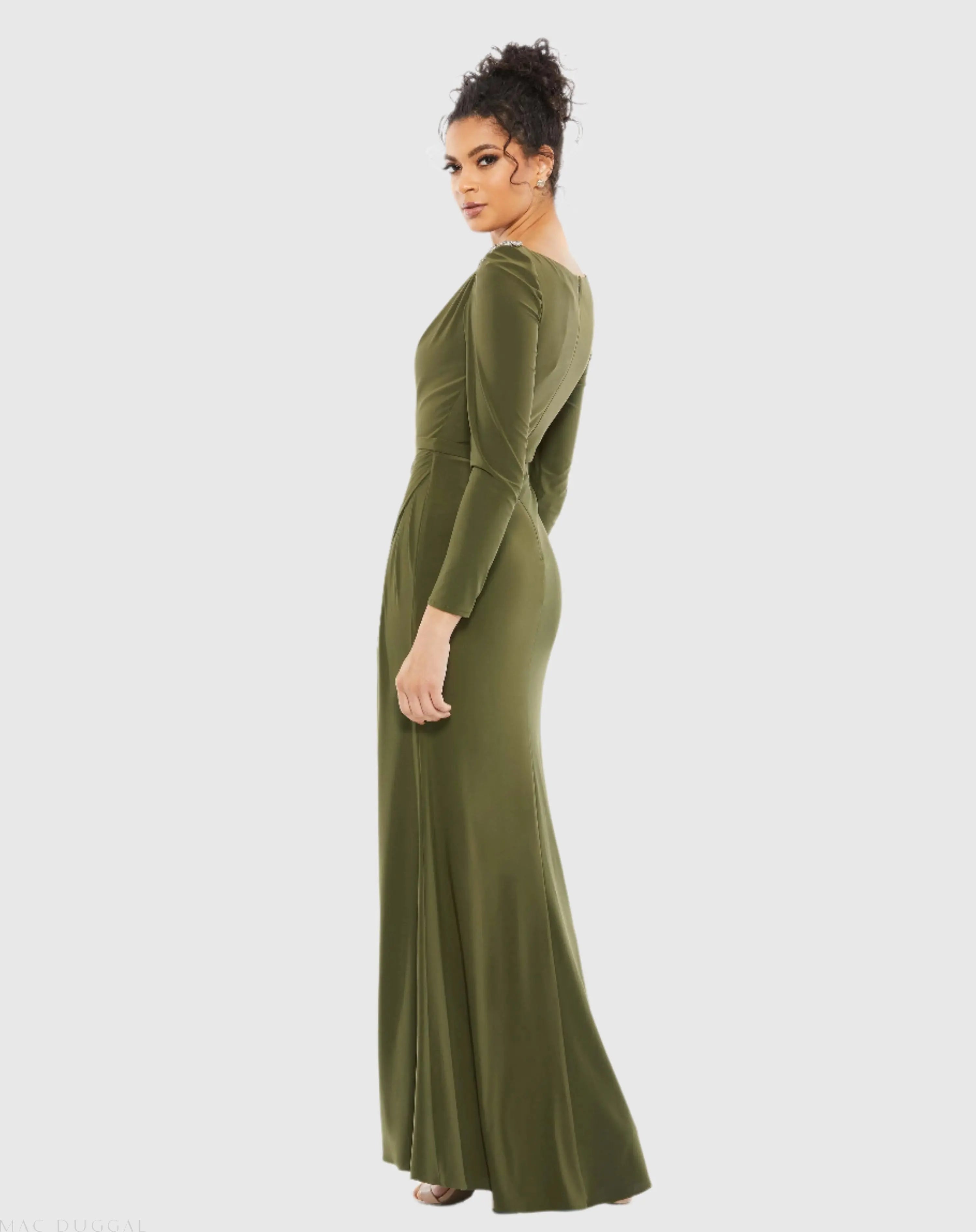 Green Draped Bateau Long Sleeve Trumpet Gown-Myartka