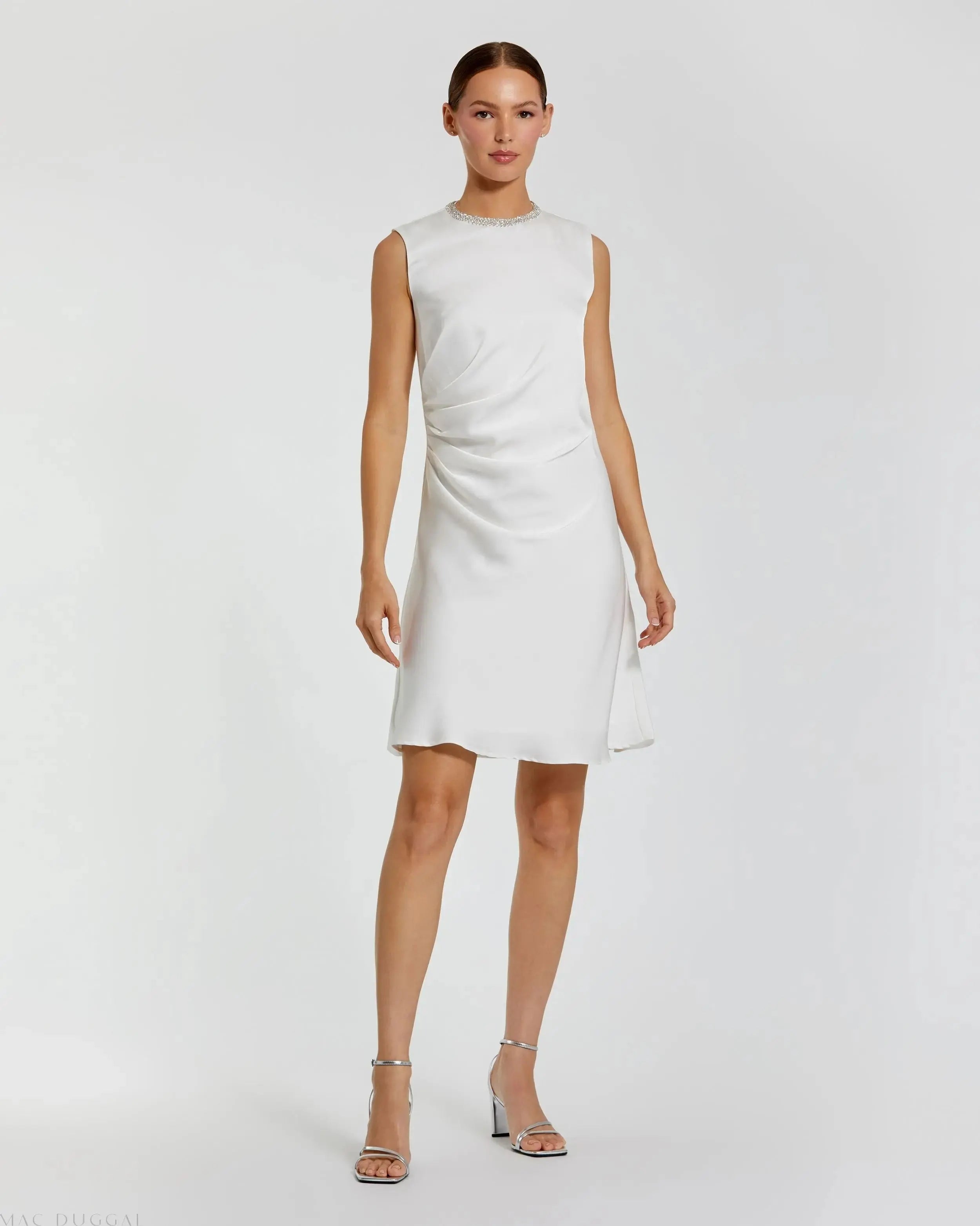 Rhinestone Neckline Draped Mini Dress-Myartka