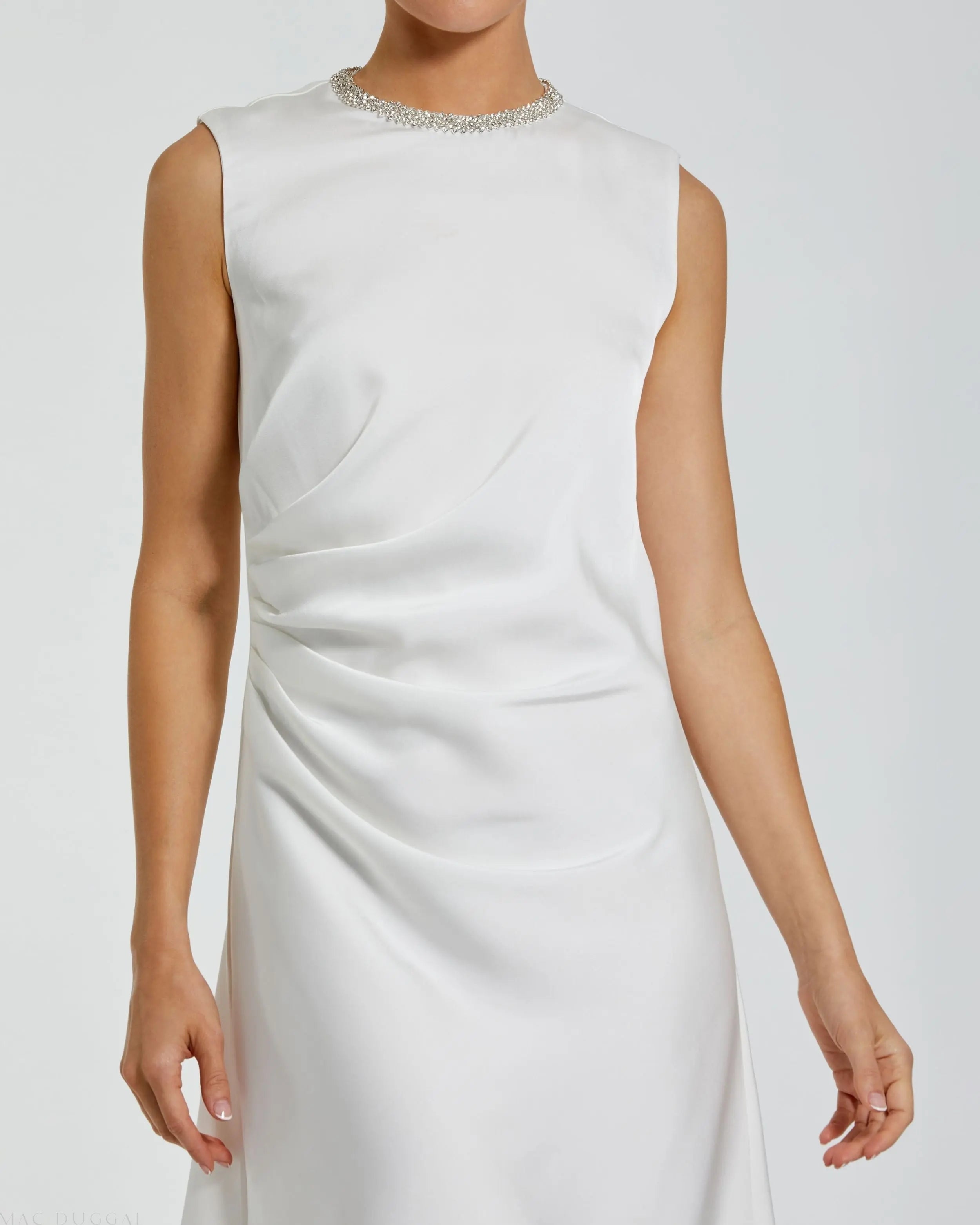White Rhinestone Neckline Draped Mini Dress-Myartka