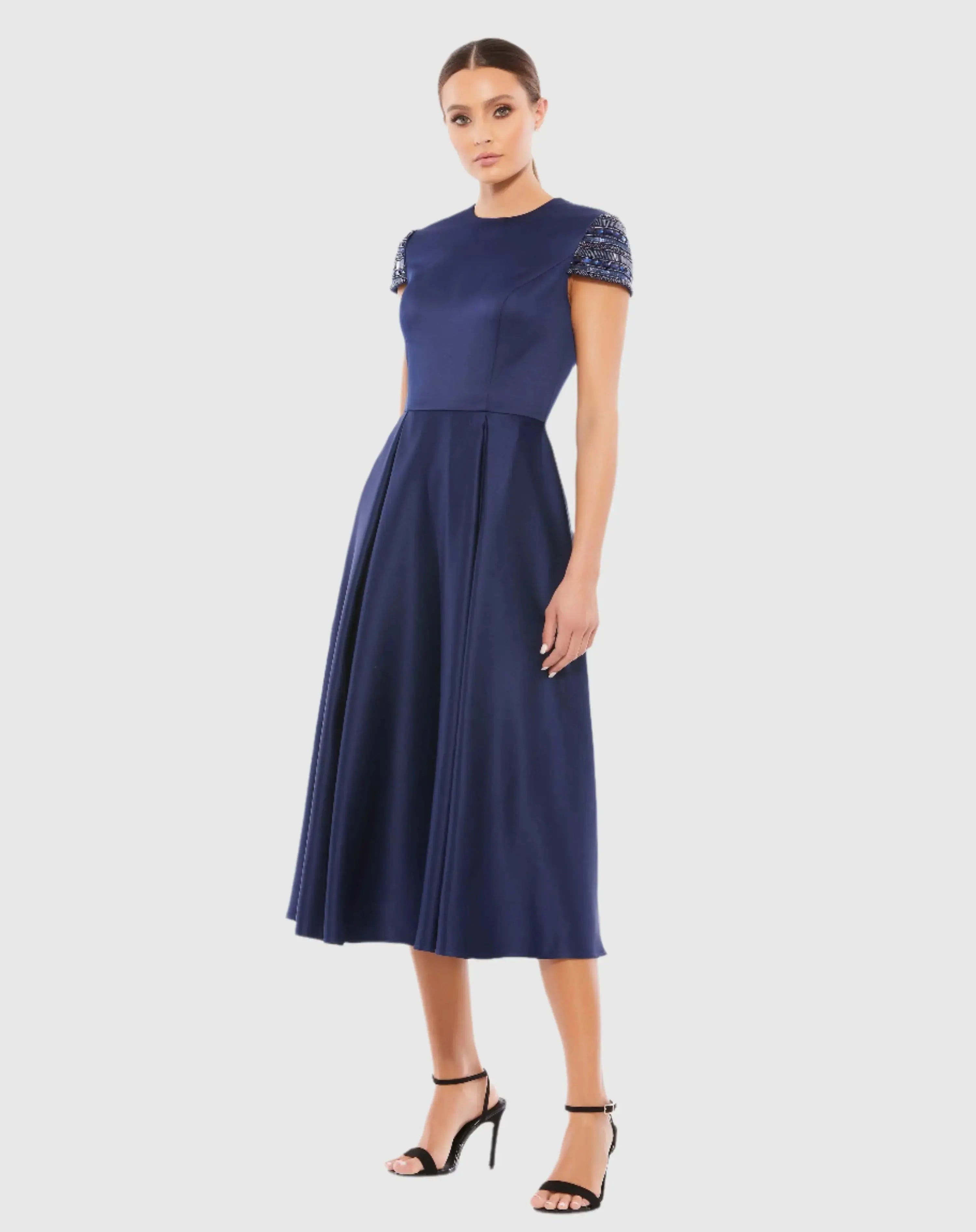 Navy High Neck Cap Sleeve Tea Length Dress-Myartka