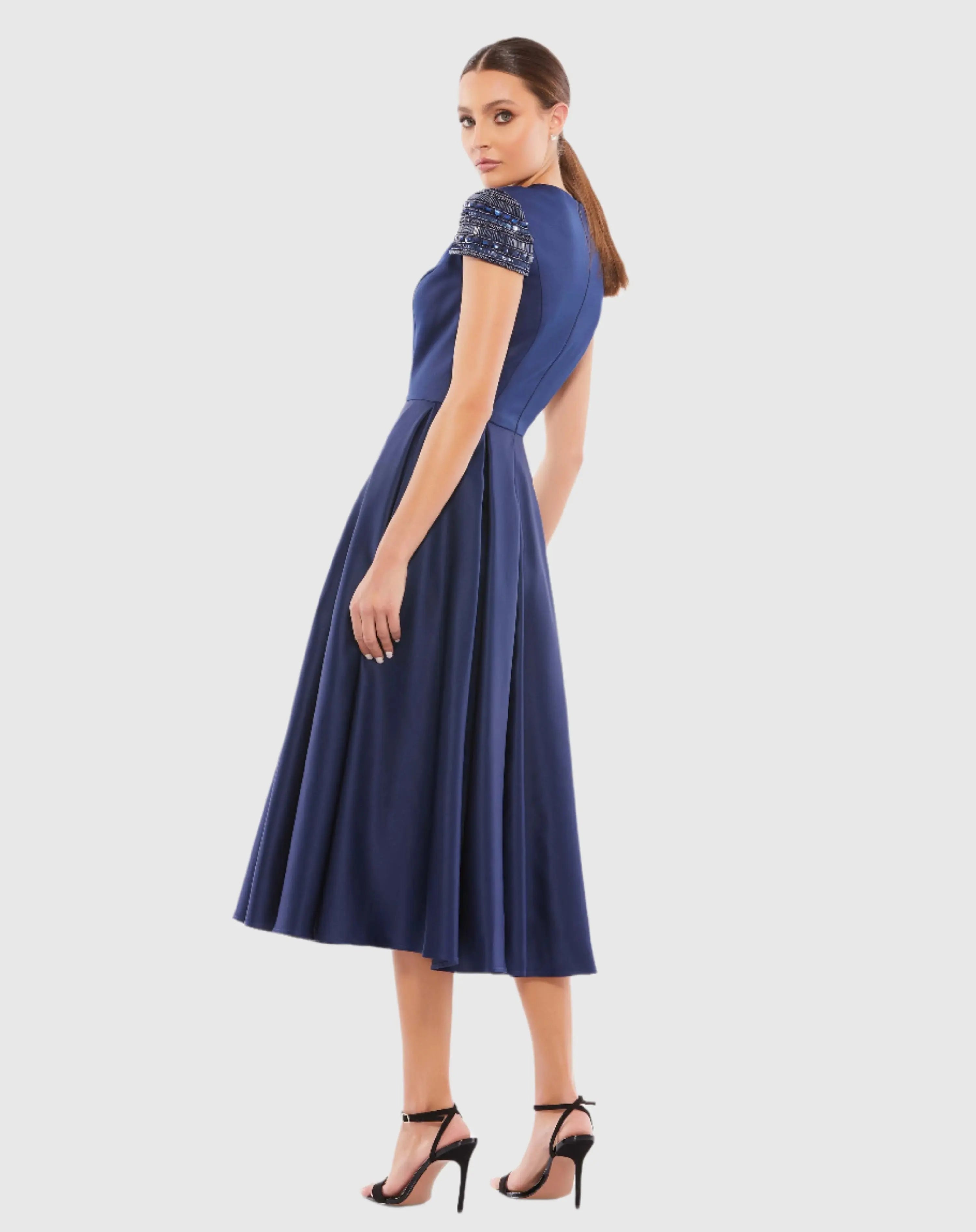 Navy High Neck Cap Sleeve Tea Length Dress-Myartka