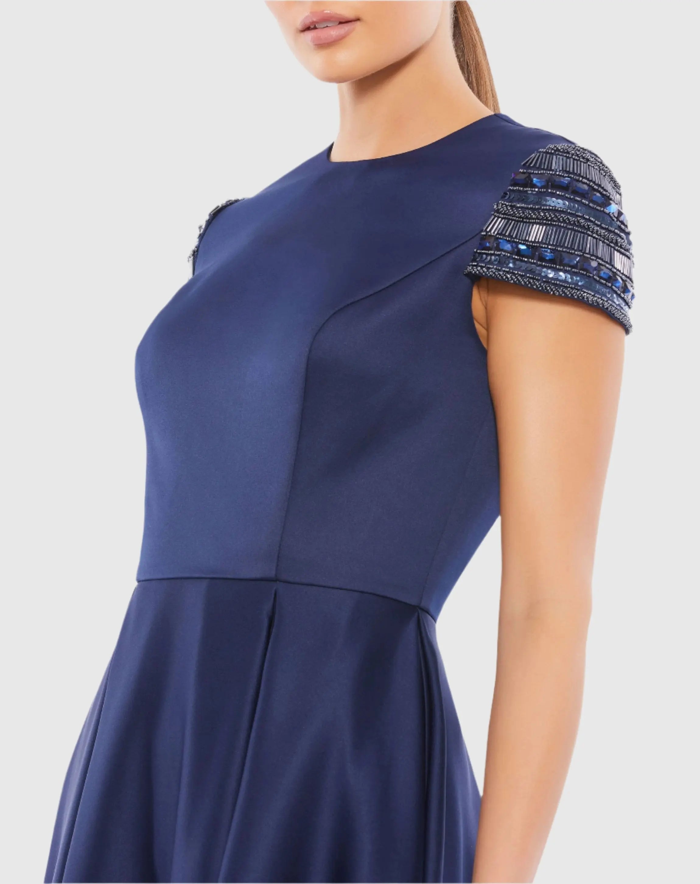 Navy High Neck Cap Sleeve Tea Length Dress-Myartka