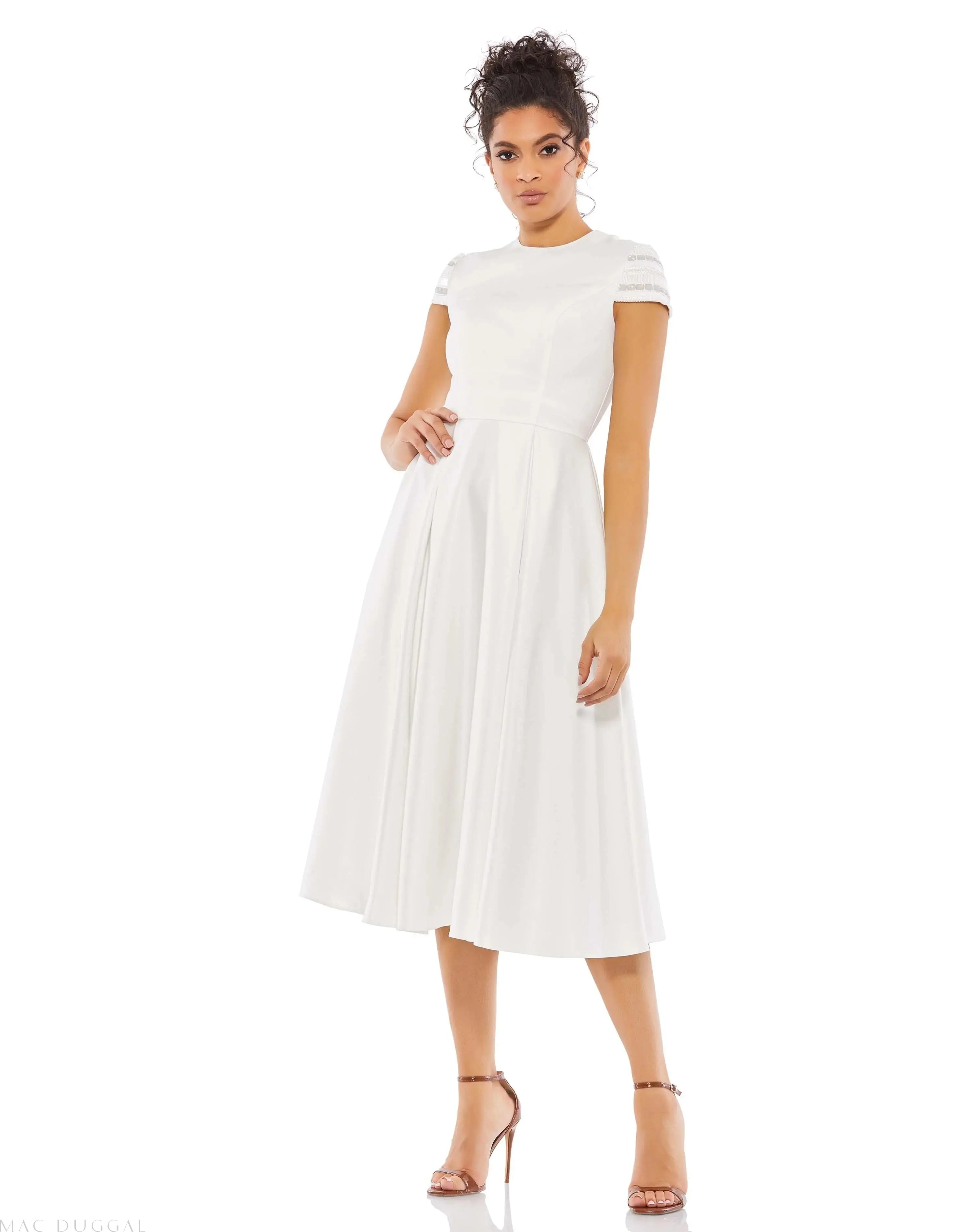 High Neck Cap Sleeve Tea Length Dress-Myartka