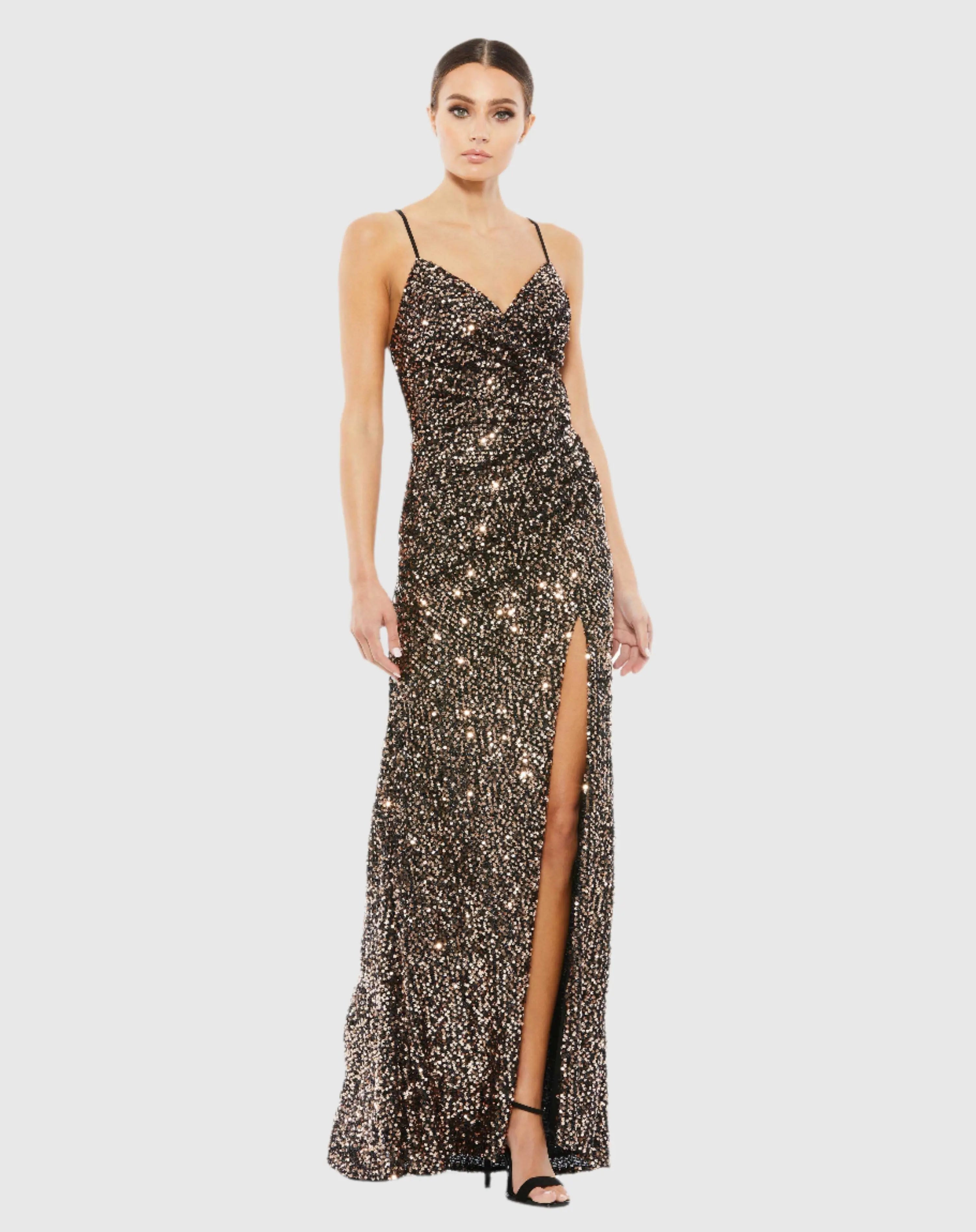 Black and Brown Gathered Waist Sequin Gown-Myartka