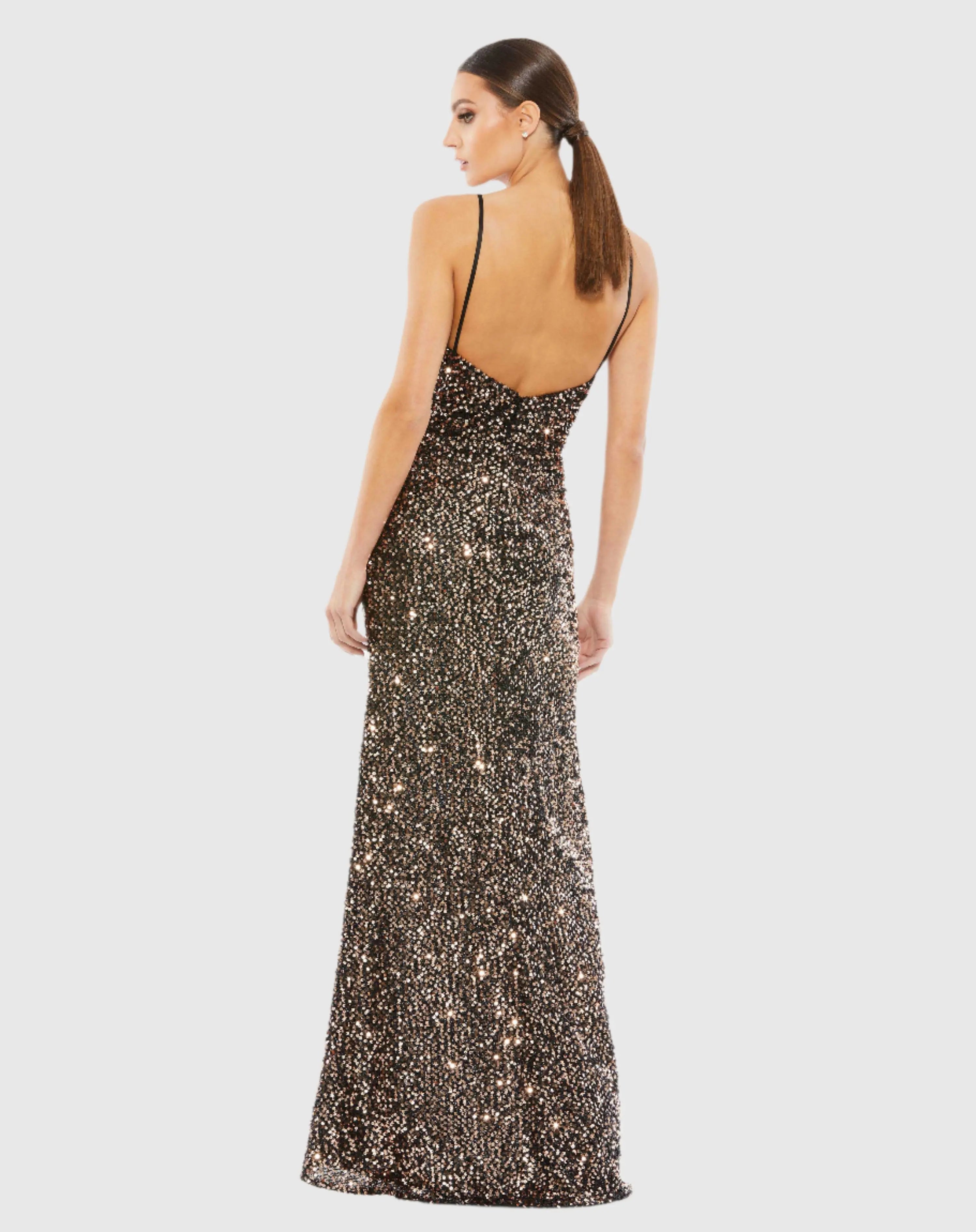 Black and Brown Gathered Waist Sequin Gown-Myartka